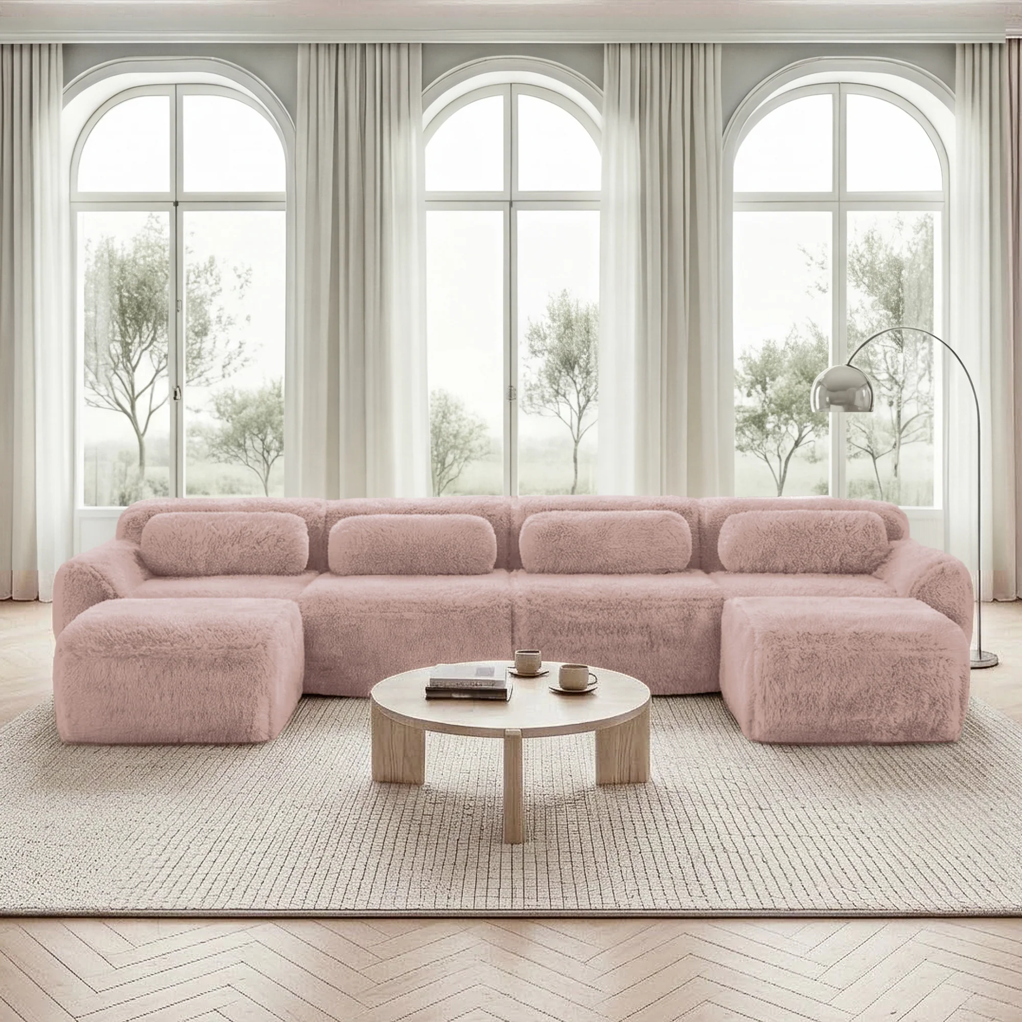 U-Shaped Modular Sofa No Assembly Plush Fabric - Pink - Image 2