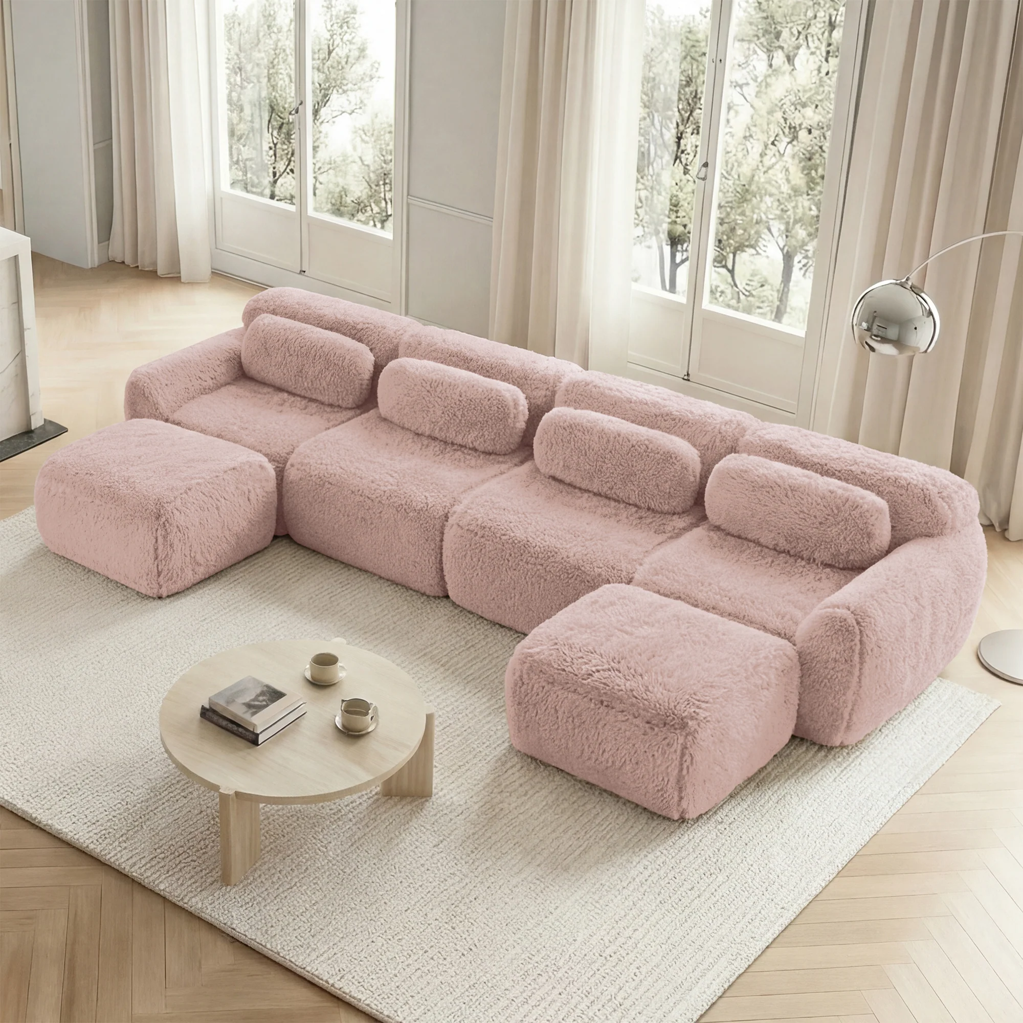 U-Shaped Modular Sofa No Assembly Plush Fabric - Pink - Image 3