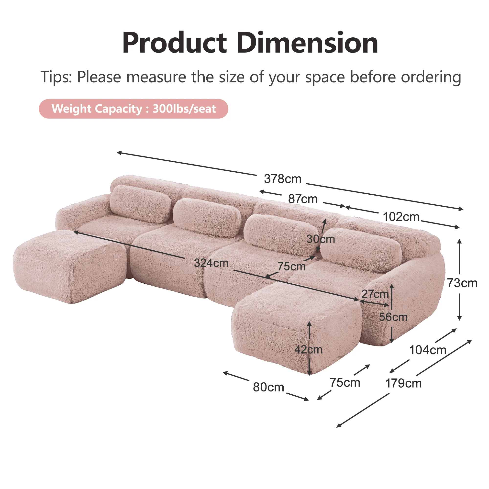 U-Shaped Modular Sofa No Assembly Plush Fabric - Pink - Image 7