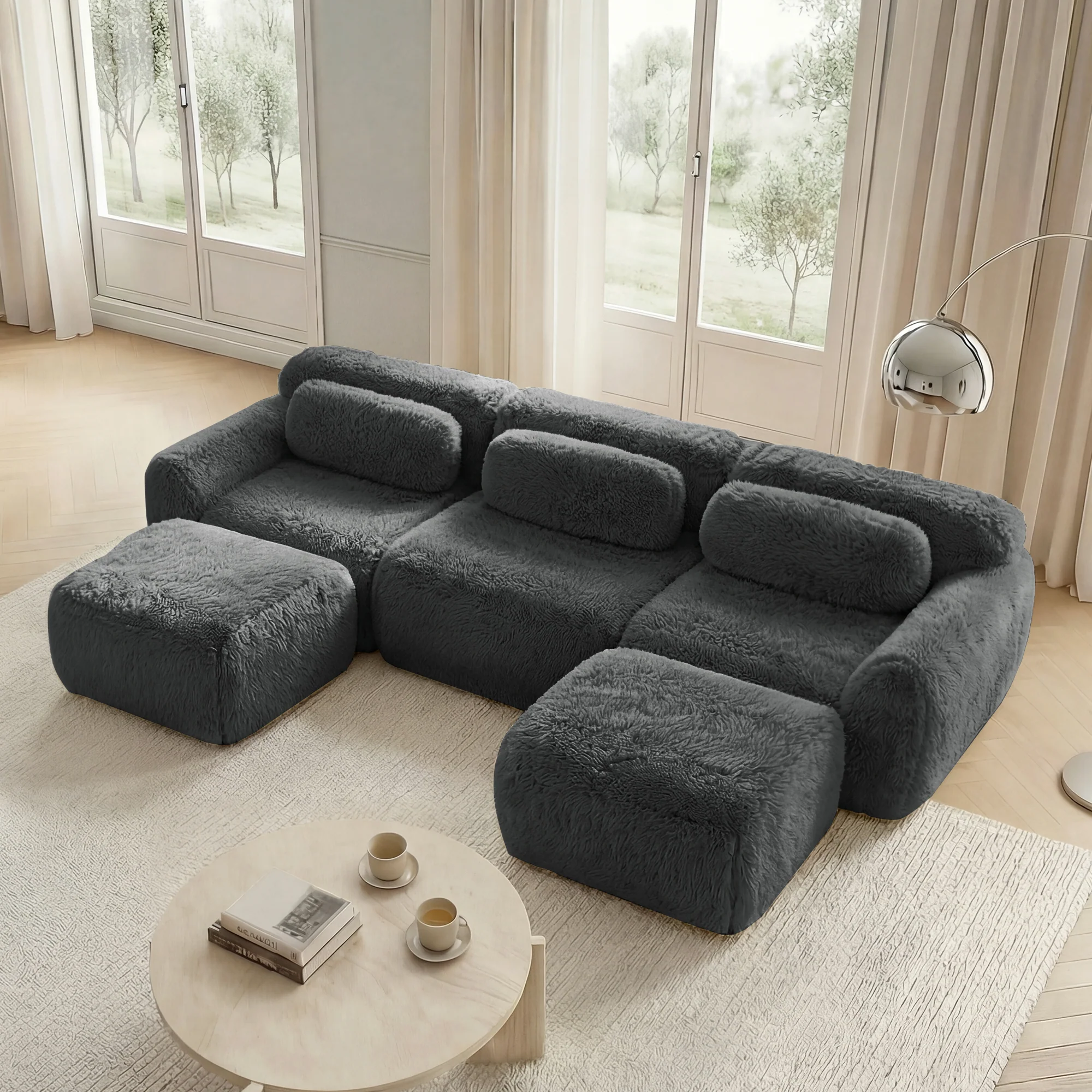 U-shaped Modular Sofa Plush Fabric High-Resilience Foam - Grey - Image 3