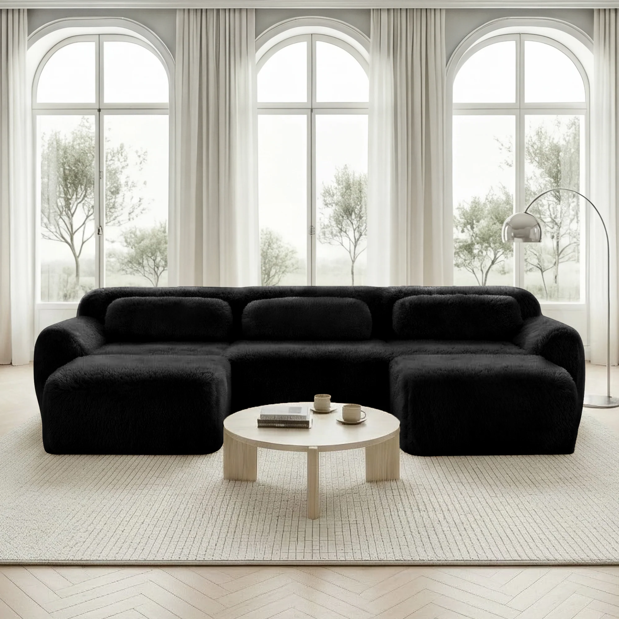 U-shaped Modular Sofa Plush Fabric No Assembly With Cushions - Black - Image 2
