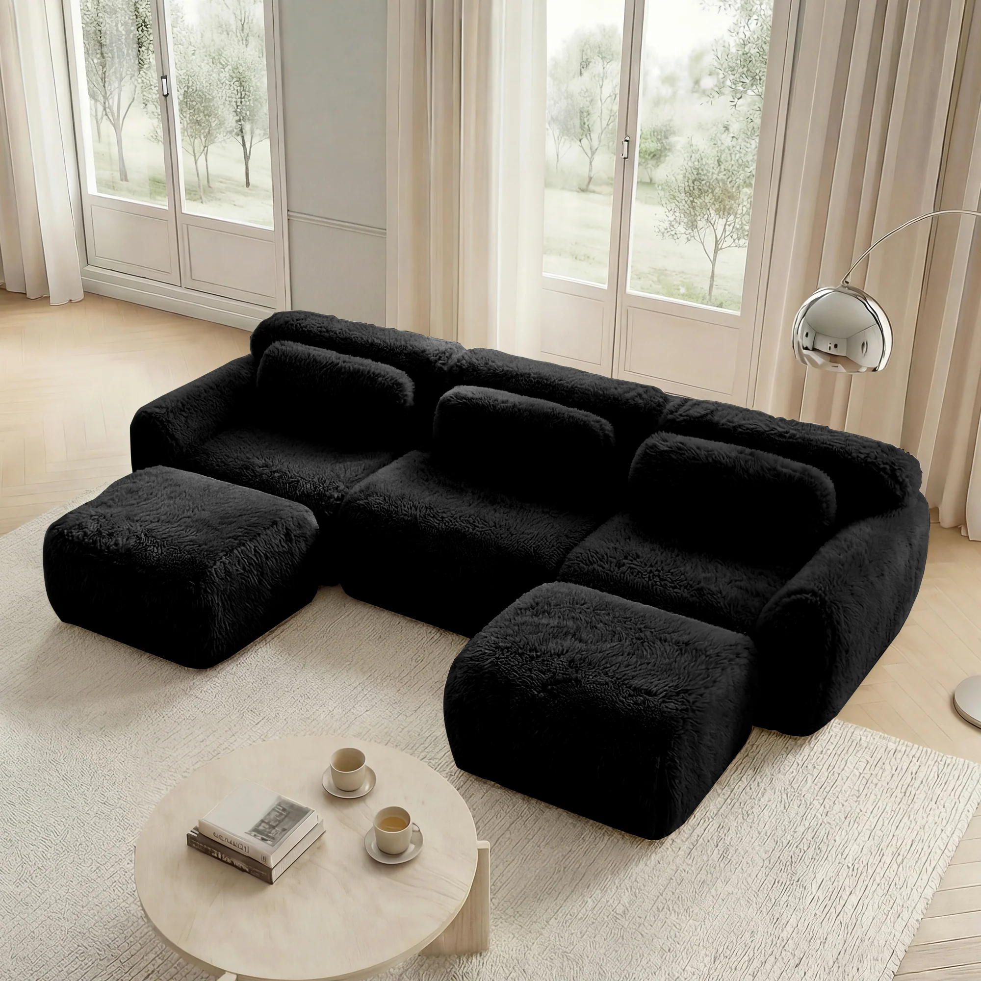 U-shaped Modular Sofa Plush Fabric No Assembly With Cushions - Black - Image 3