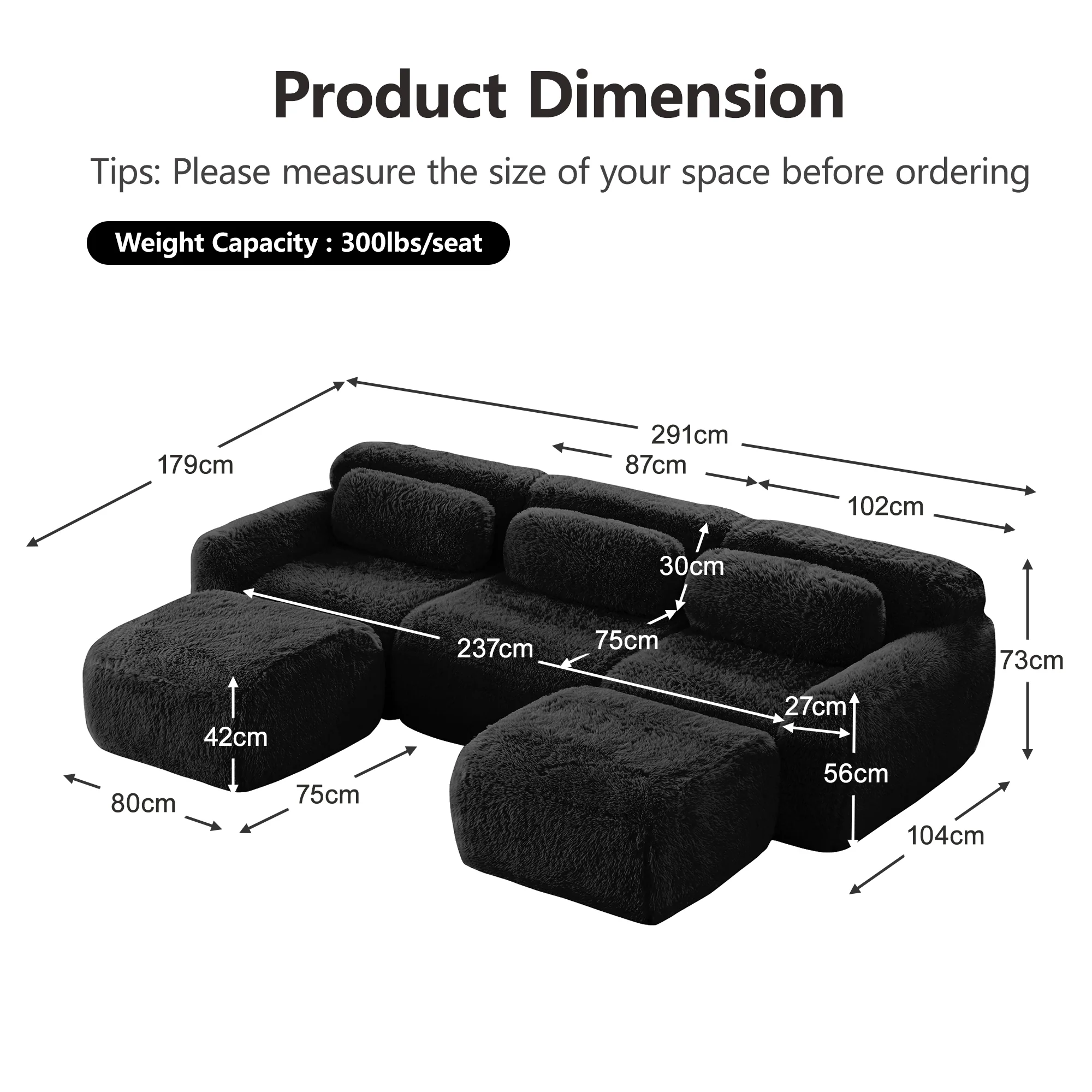 U-shaped Modular Sofa Plush Fabric No Assembly With Cushions - Black - Image 7
