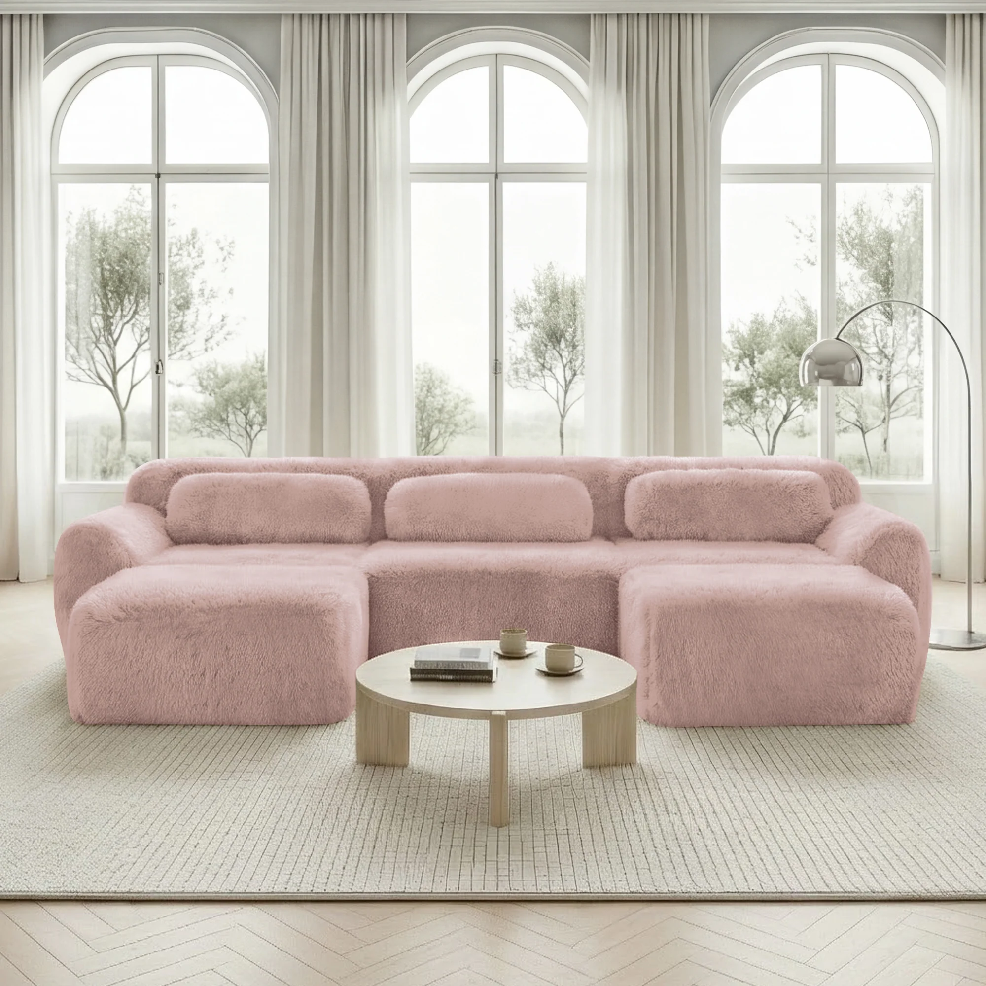 U-Shaped Modular Sofa Plush No Assembly High-Resilience Foam - Pink - Image 2