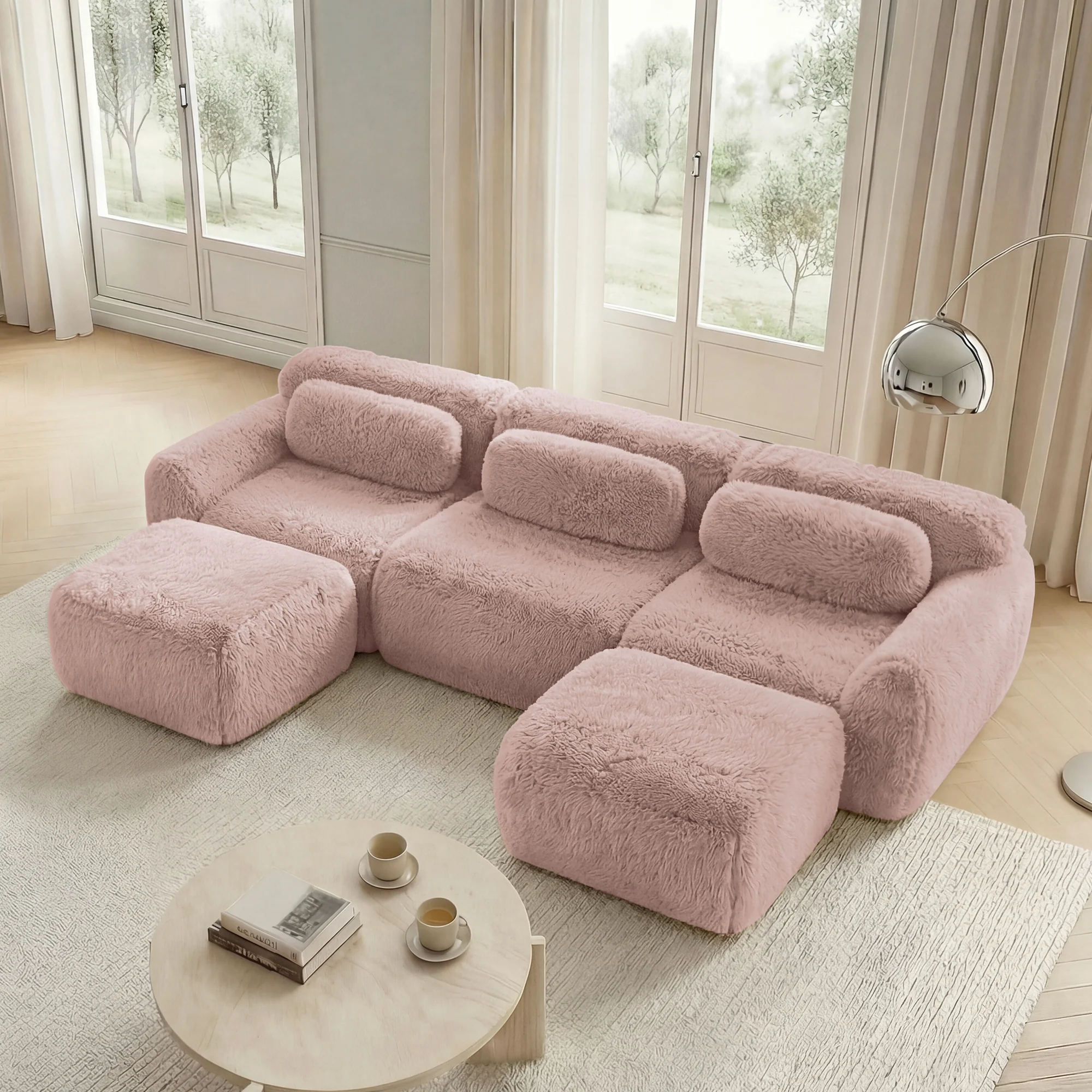 U-Shaped Modular Sofa Plush No Assembly High-Resilience Foam - Pink - Image 3