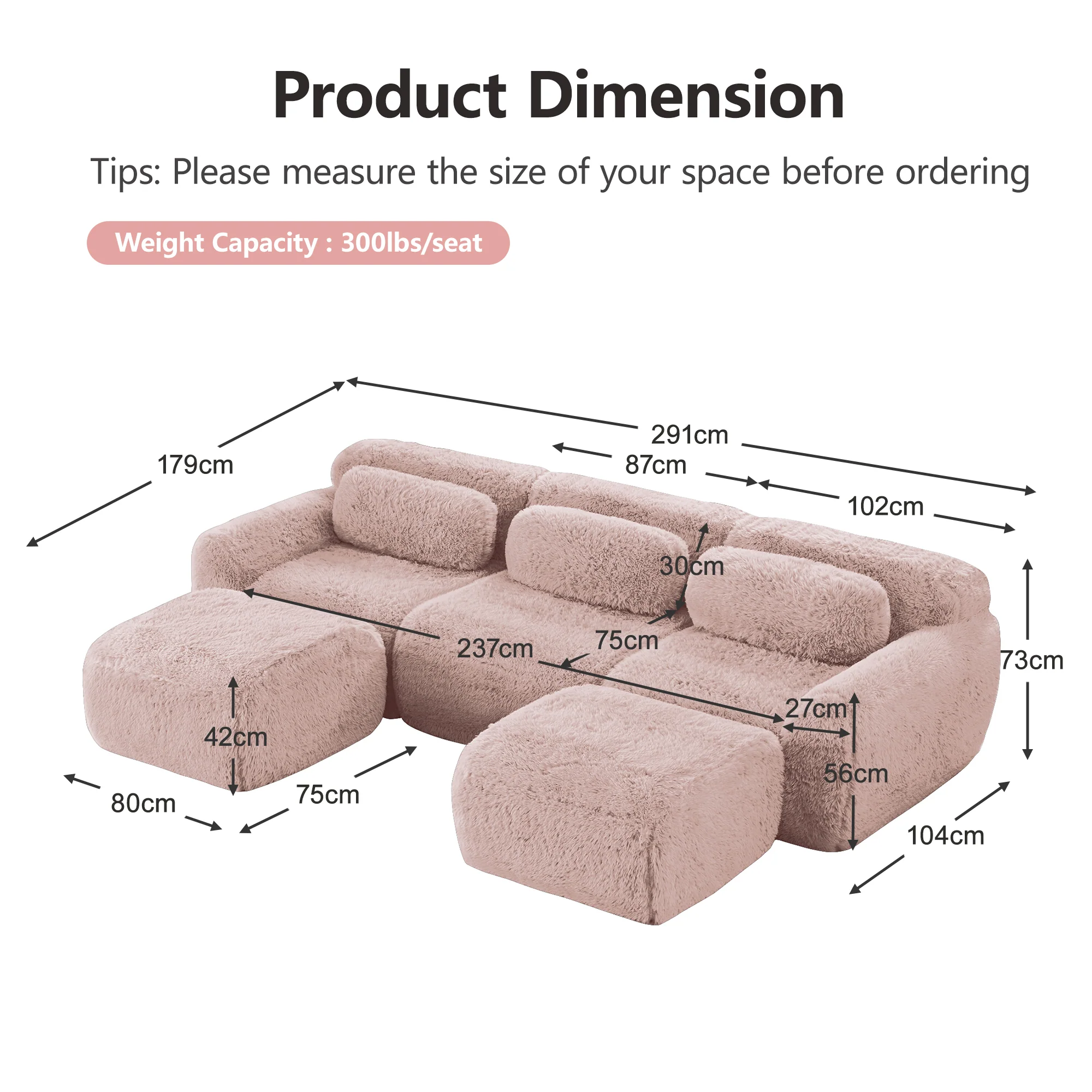 U-Shaped Modular Sofa Plush No Assembly High-Resilience Foam - Pink - Image 7