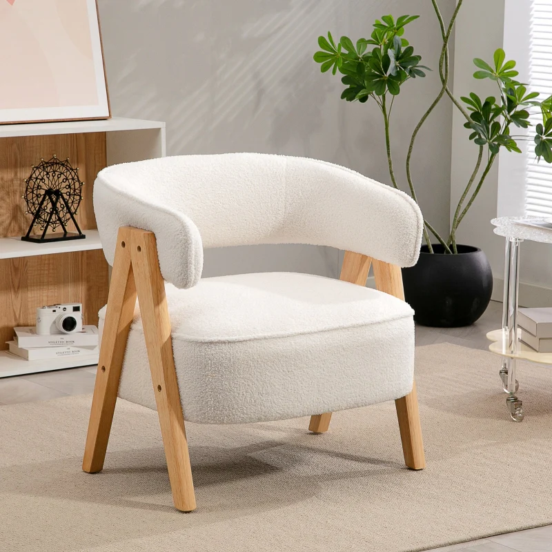 Upholstered Armchair Fleece Cover Wooden Legs - White