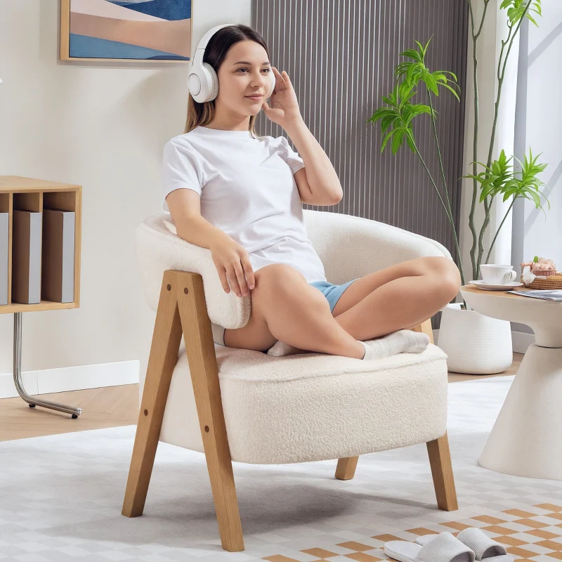 Upholstered Armchair Fleece Cover Wooden Legs - White - Image 7