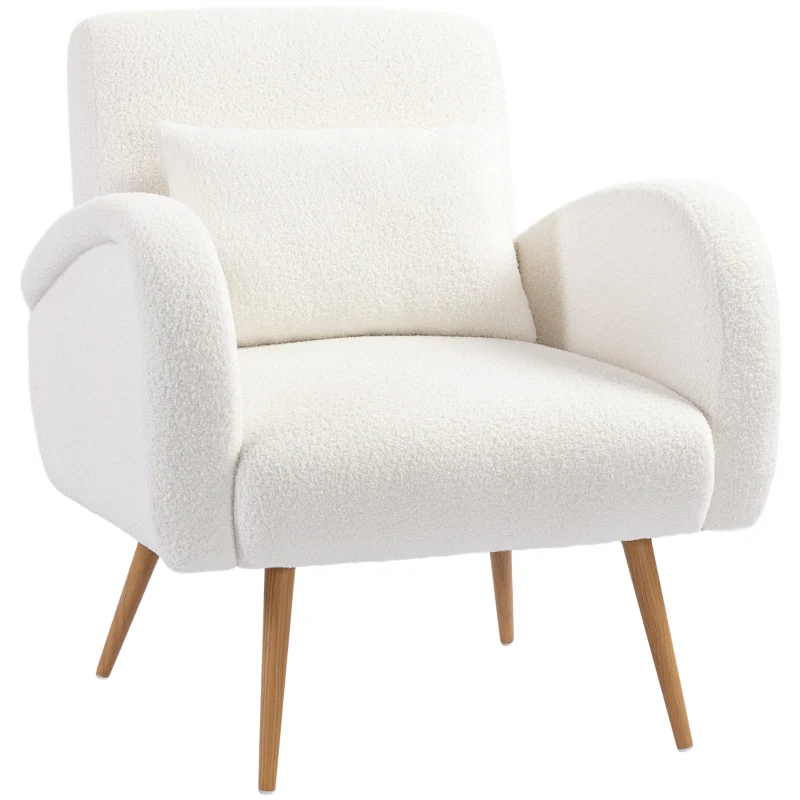 Upholstered Armchair, Padded with Lumbar Cushion and Metal Legs, Fleece, Cream White - Image 2