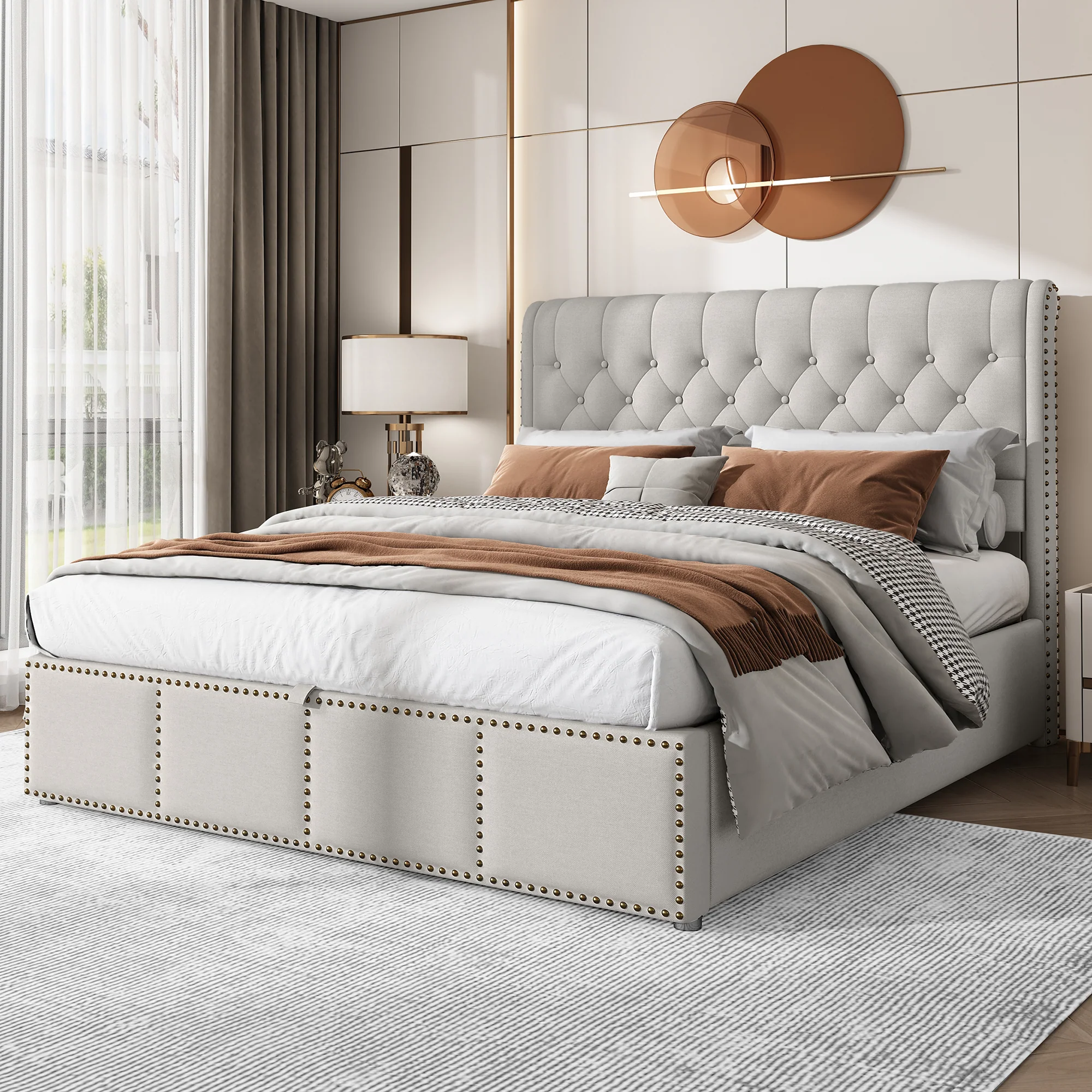 Upholstered Bed 140x190cm Hydraulic Storage Studded - Cotton-Linen - Image 2