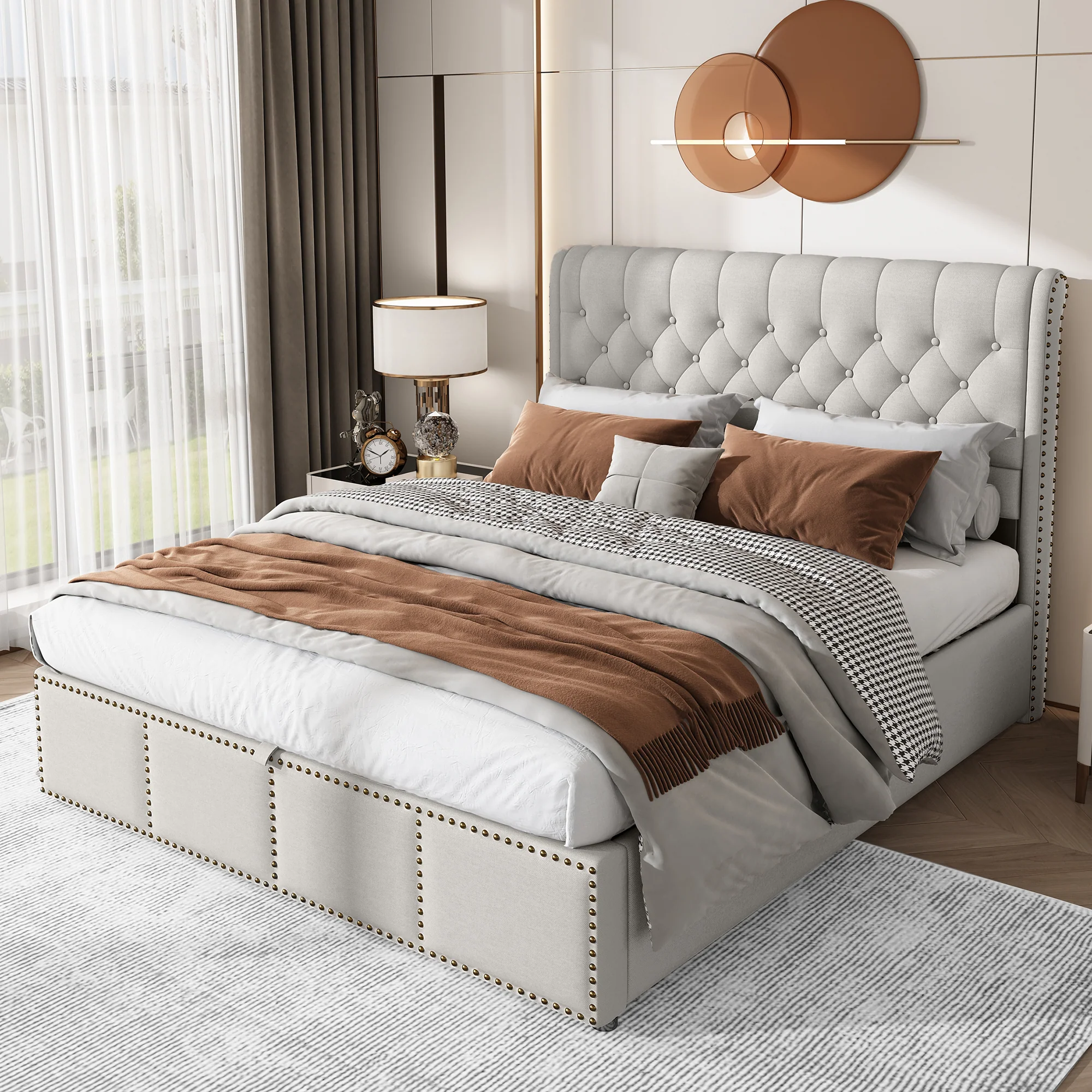 Upholstered Bed 140x190cm Hydraulic Storage Studded - Cotton-Linen - Image 3
