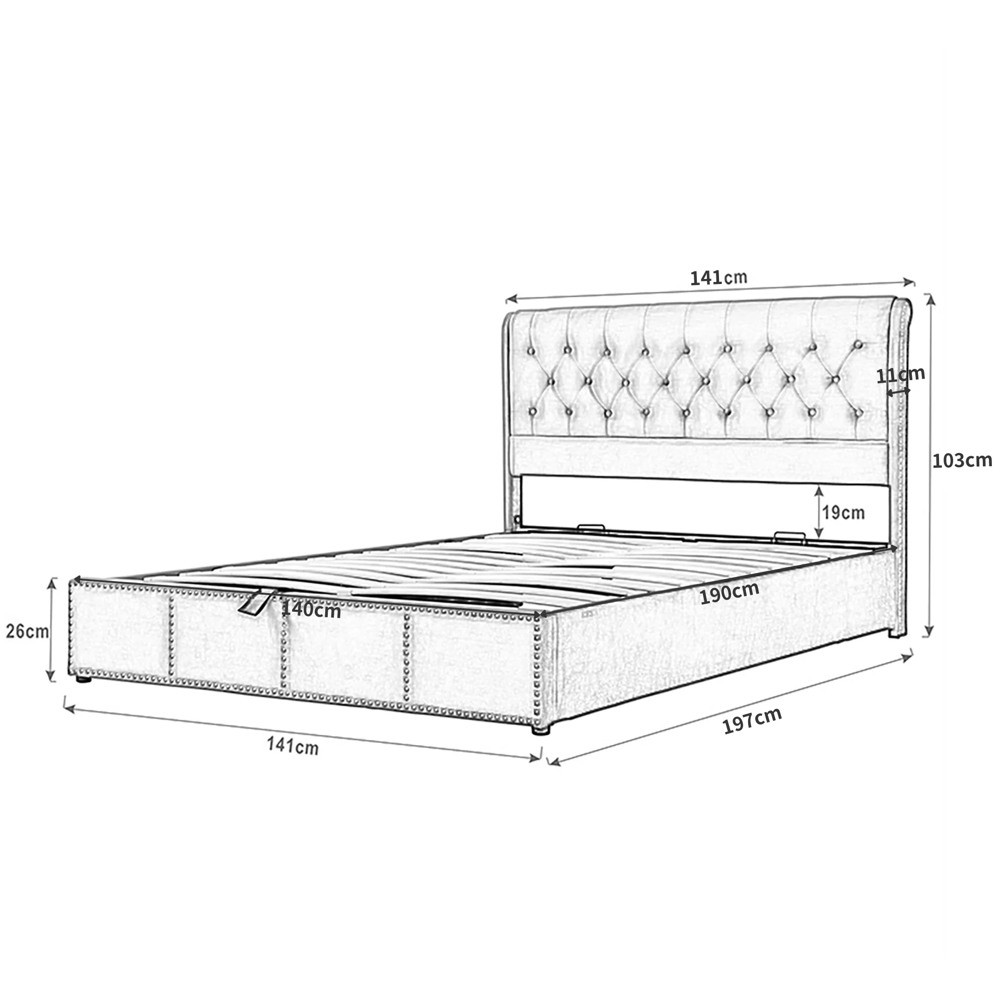Upholstered Bed 140x190cm Hydraulic Storage Studded - Cotton-Linen - Image 4