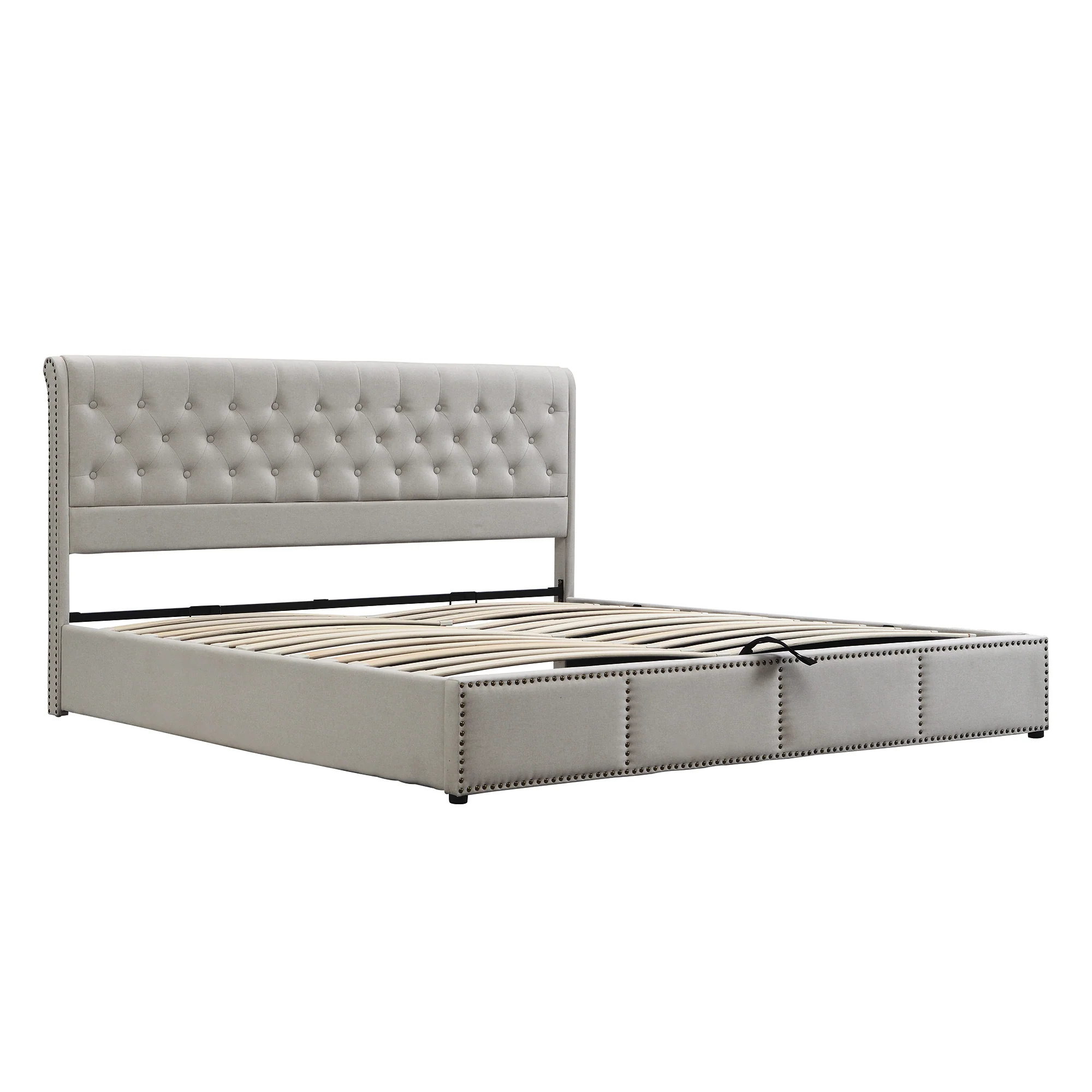 Upholstered Bed 140x190cm Hydraulic Storage Studded - Cotton-Linen - Image 8