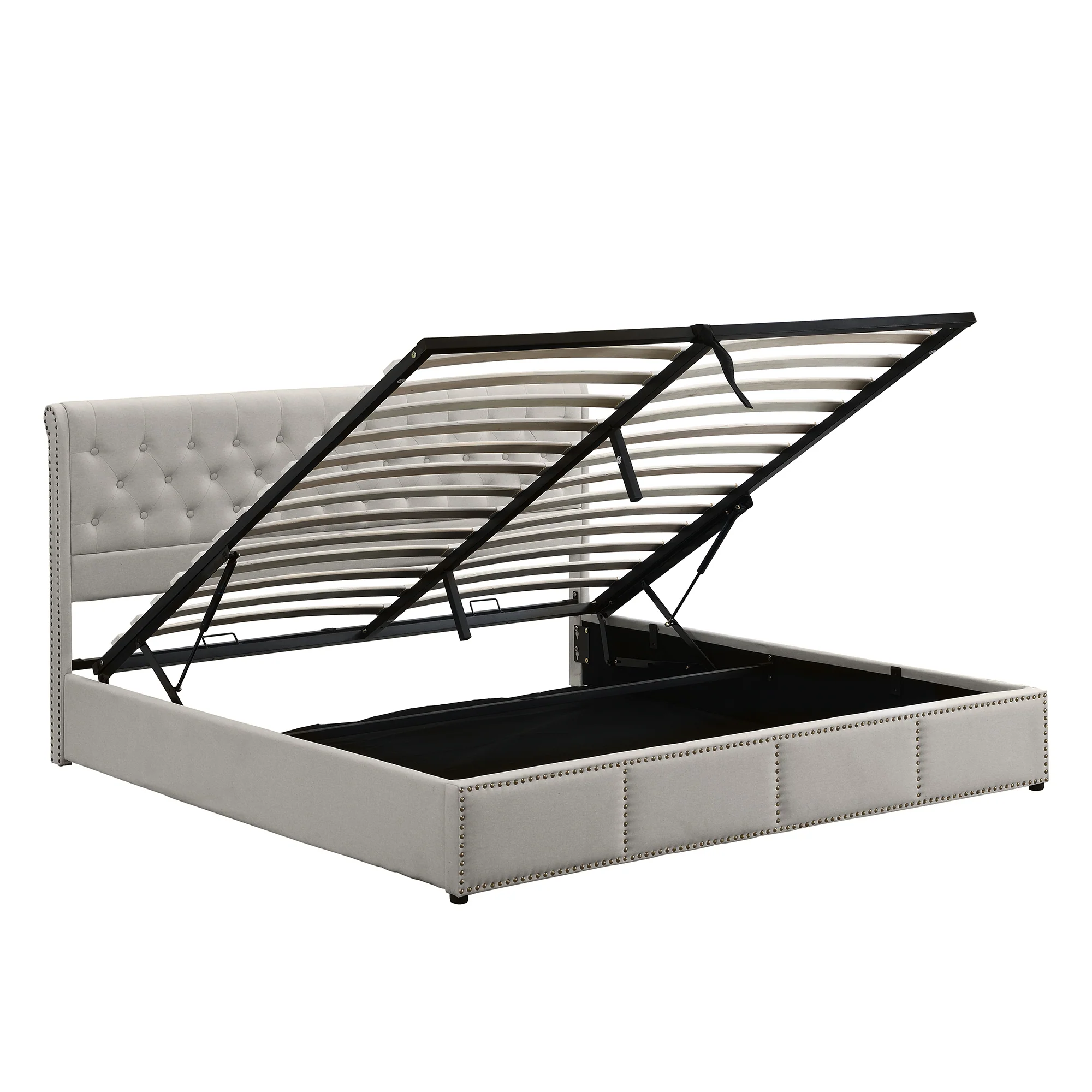 Upholstered Bed 140x190cm Hydraulic Storage Studded - Cotton-Linen - Image 9