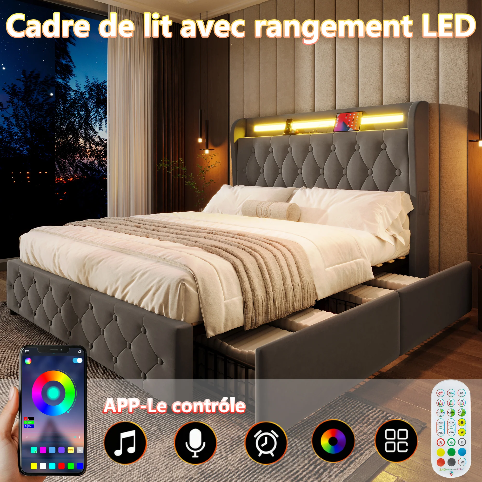 Upholstered Bed 140x190cm LED USB Storage Headboard 4 Drawers - Velvet - Image 2