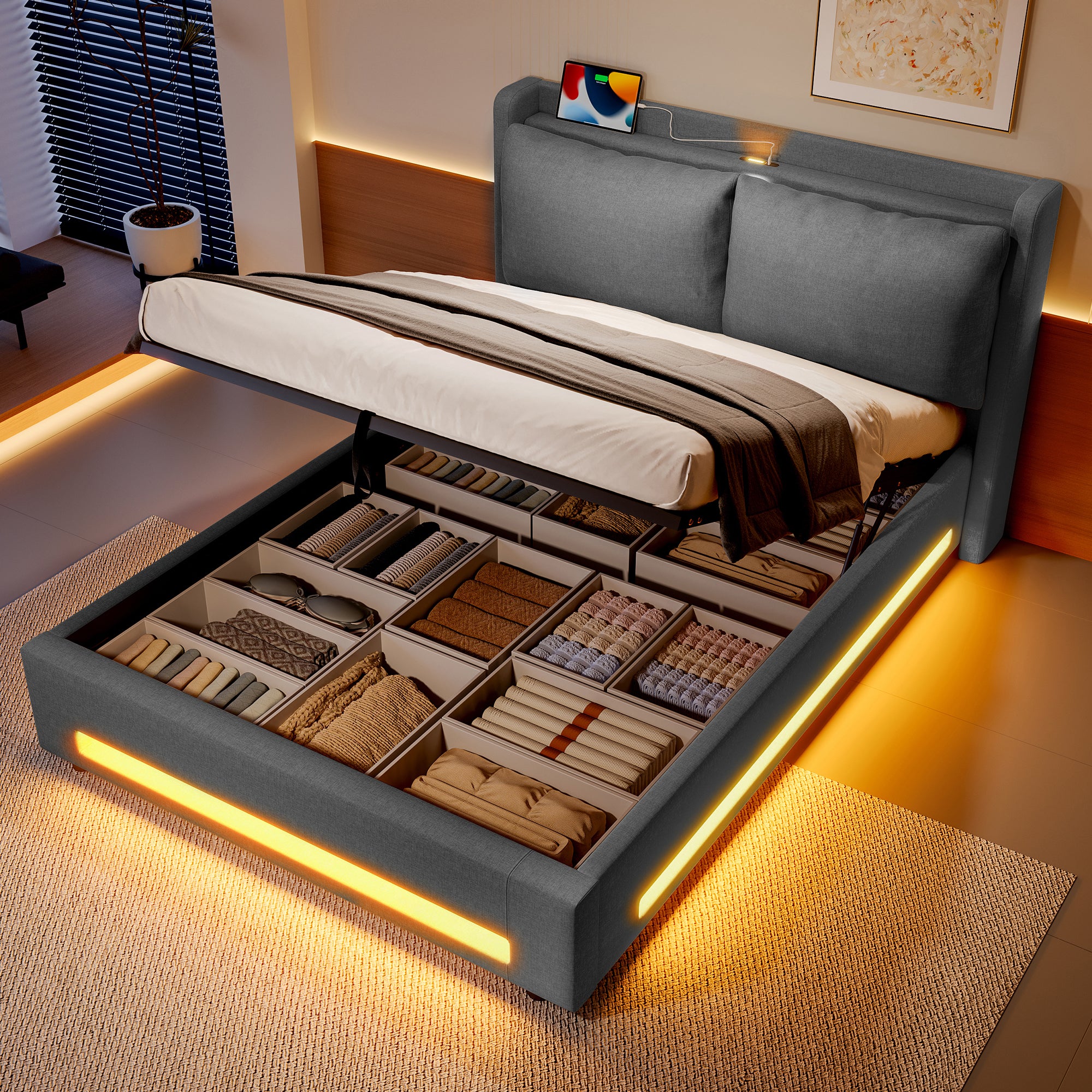 Upholstered Bed 140x190cm Storage LED USB-C Stylish Headboard - Modern