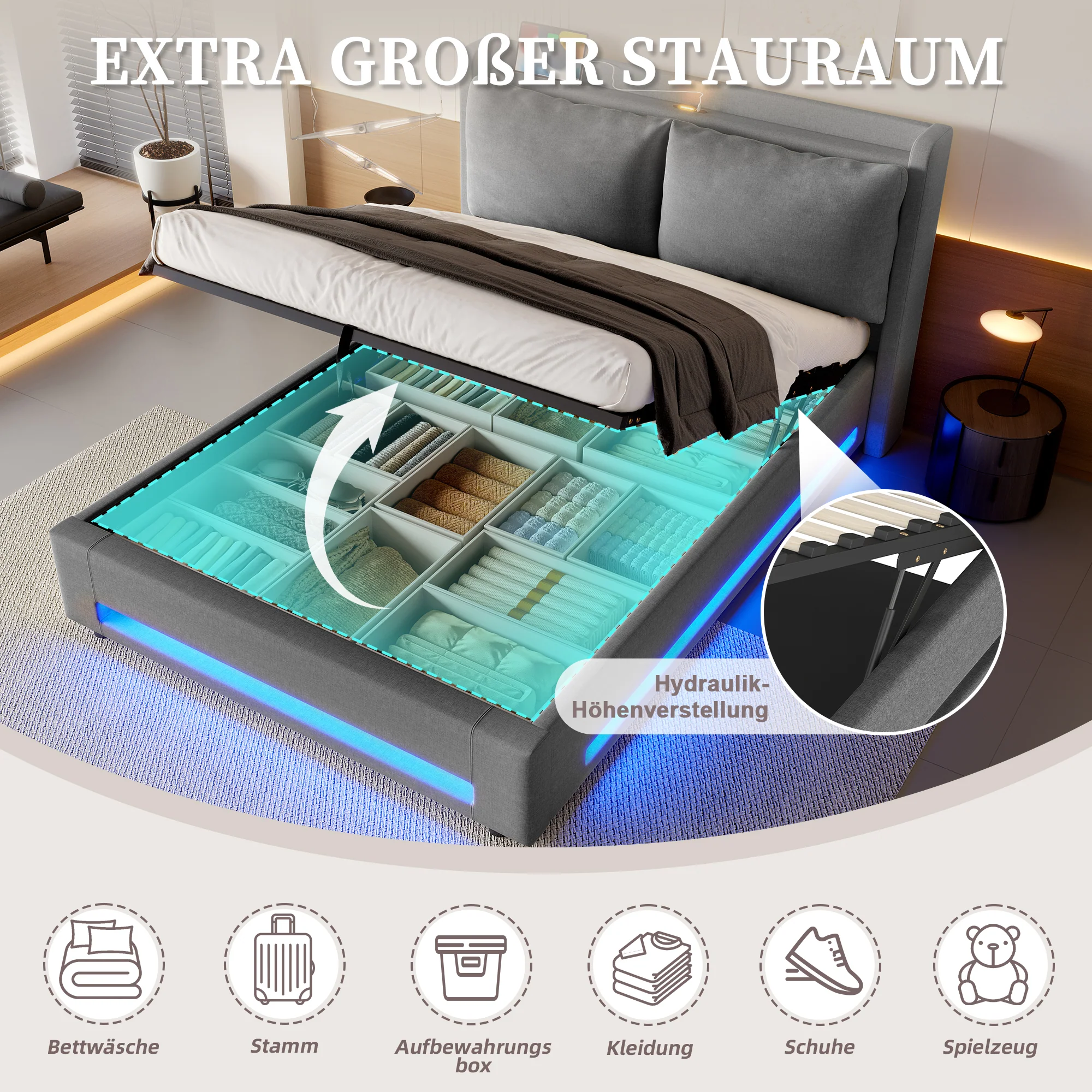 Upholstered Bed 140x190cm Storage LED USB-C Stylish Headboard - Modern - Image 4