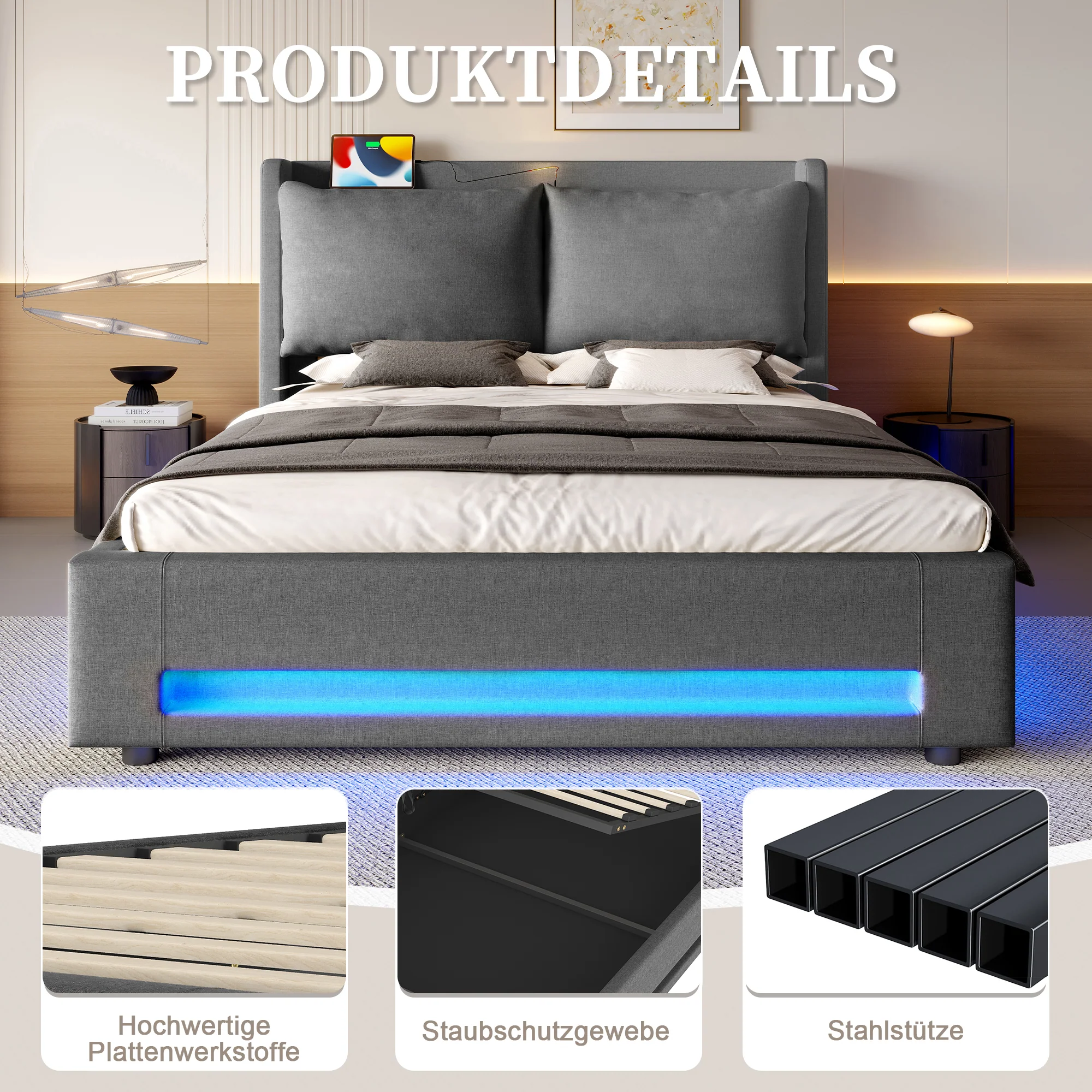Upholstered Bed 140x190cm Storage LED USB-C Stylish Headboard - Modern - Image 5