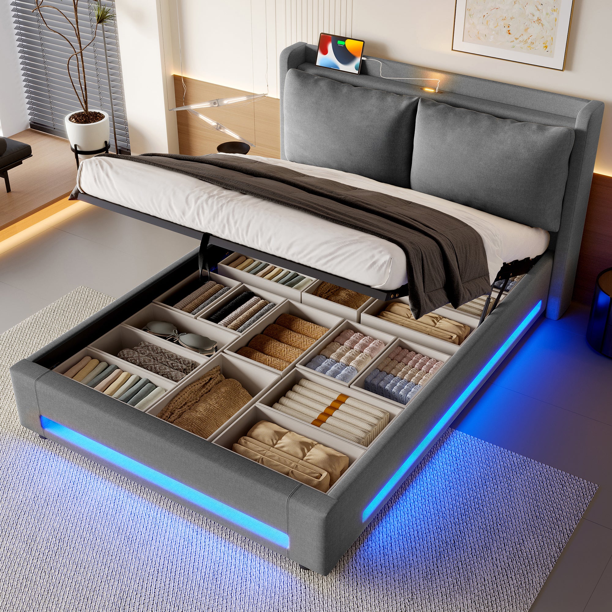Upholstered Bed 140x190cm Storage LED USB-C Stylish Headboard - Modern - Image 7