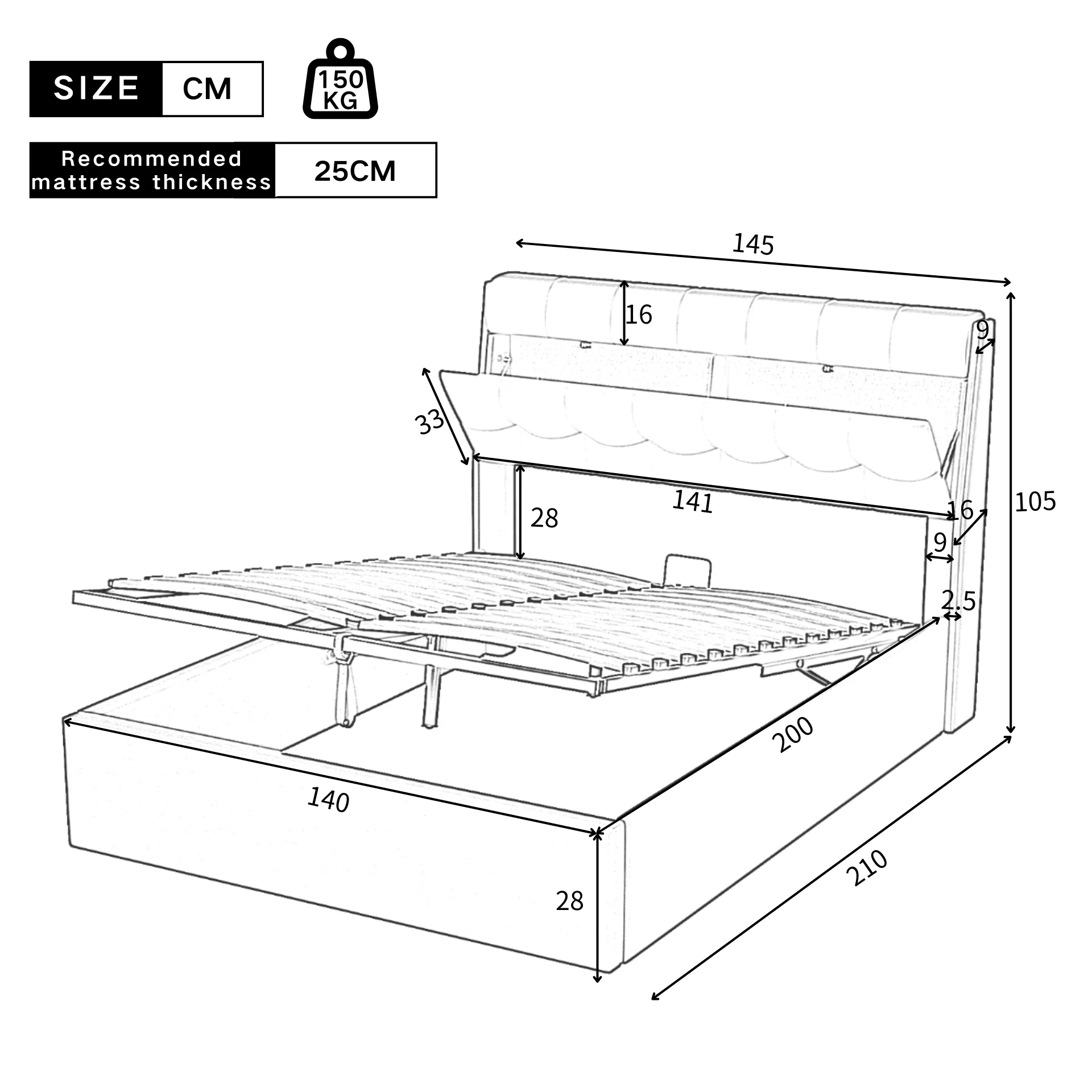 Upholstered Bed 140x200 Hydraulic Storage Concealed Headboard PU Black - Image 8