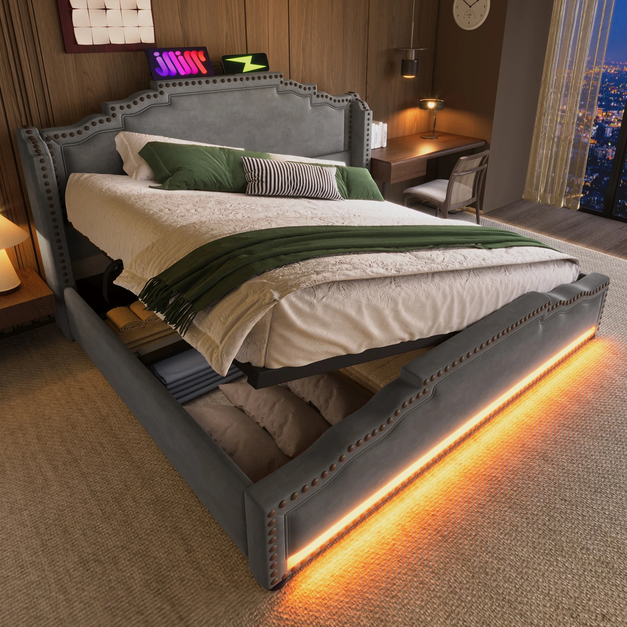 Upholstered Bed 140x200 Hydraulic Storage LED USB-C Slatted Base, Velvet Grey with Mattress - Image 2