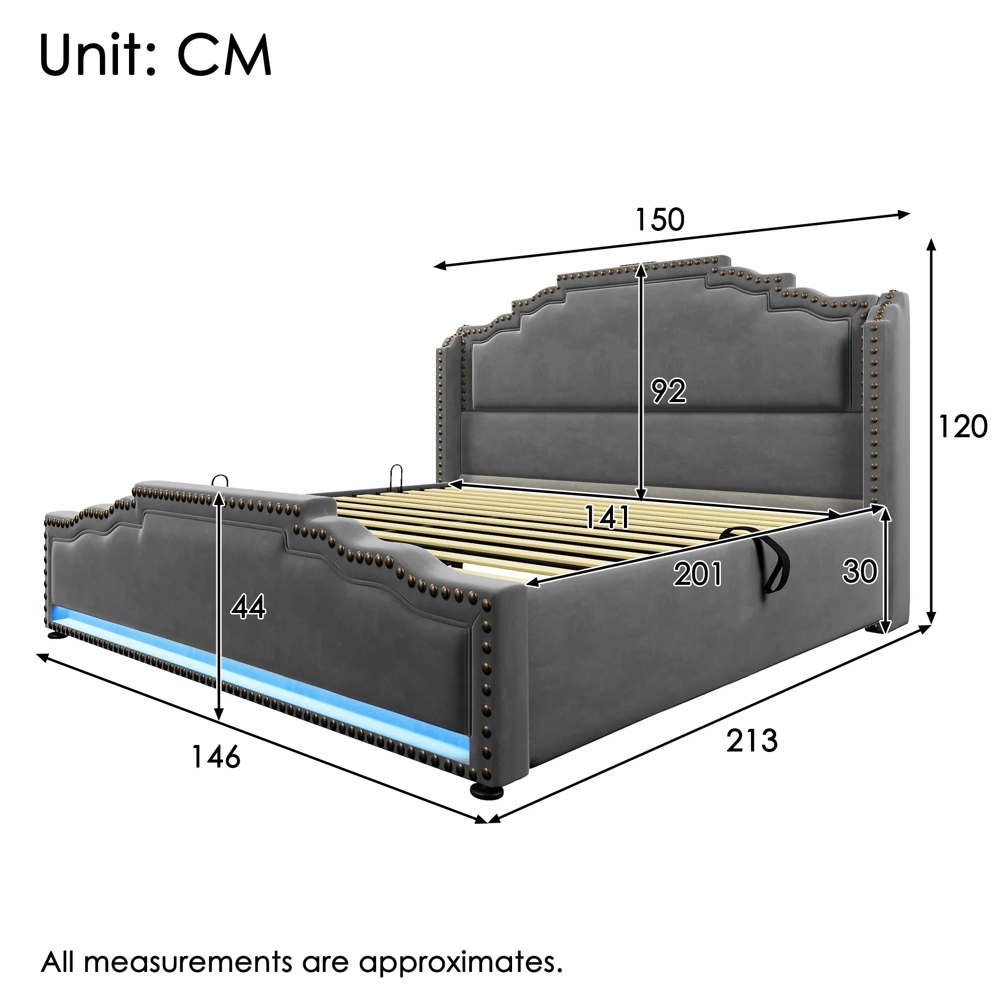 Upholstered Bed 140x200 Hydraulic Storage LED USB-C Slatted Base, Velvet Grey with Mattress - Image 3