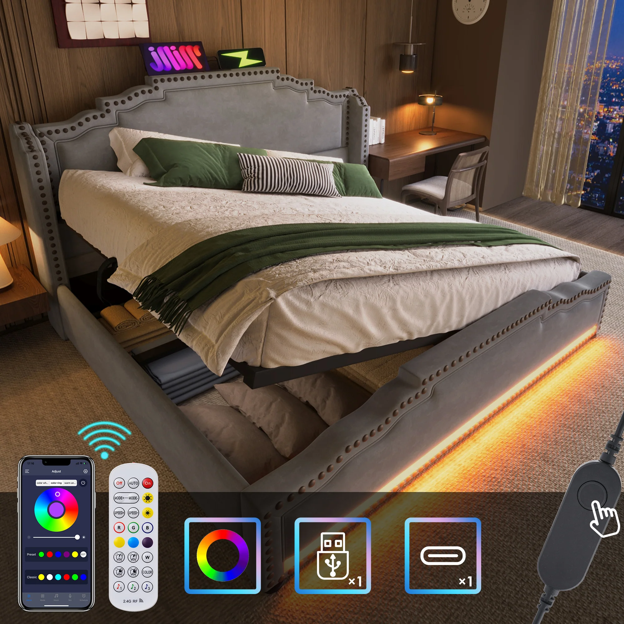Upholstered Bed 140x200 Hydraulic Storage LED USB-C Slatted Base, Velvet Grey with Mattress - Image 4