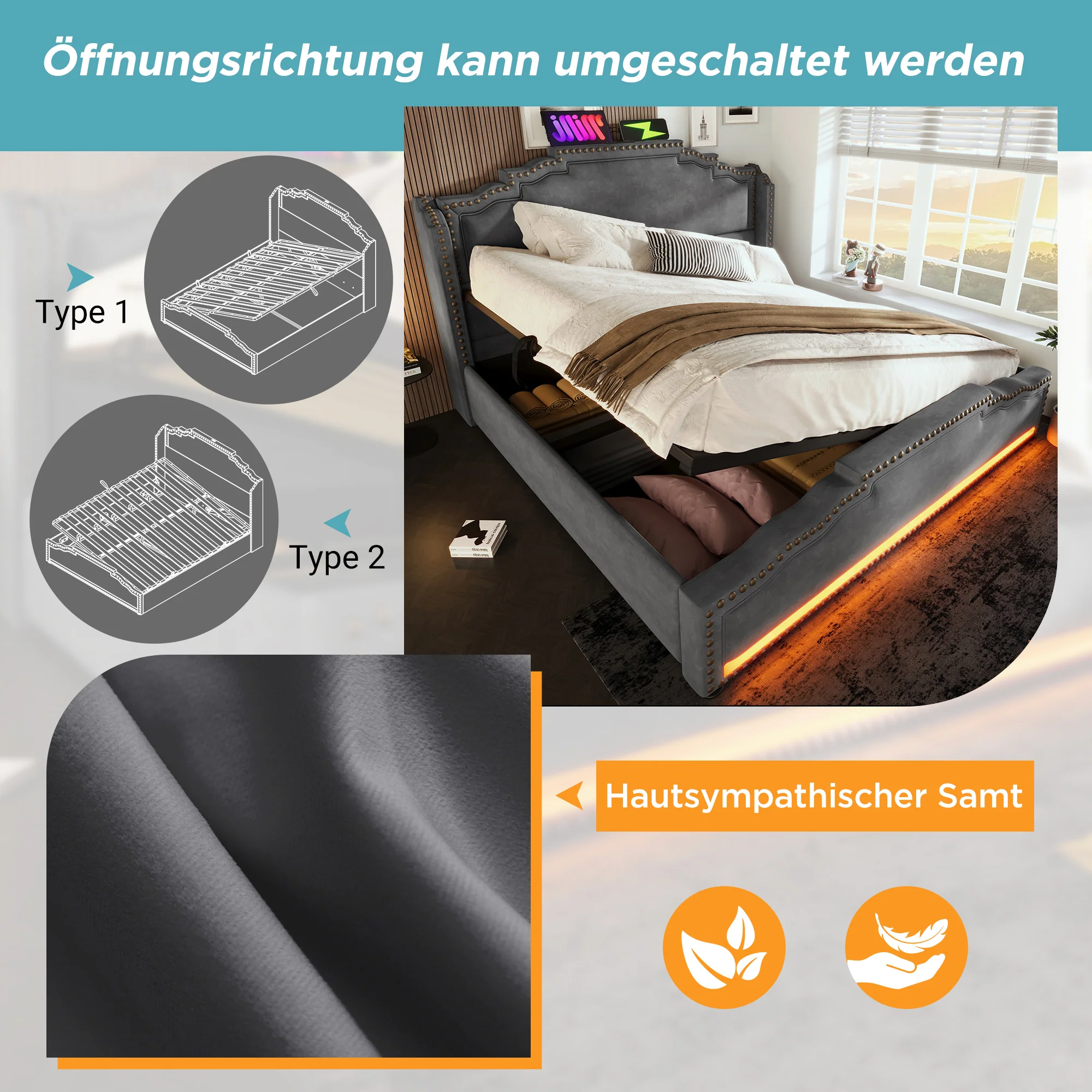 Upholstered Bed 140x200 Hydraulic Storage LED USB-C Slatted Base, Velvet Grey with Mattress - Image 5