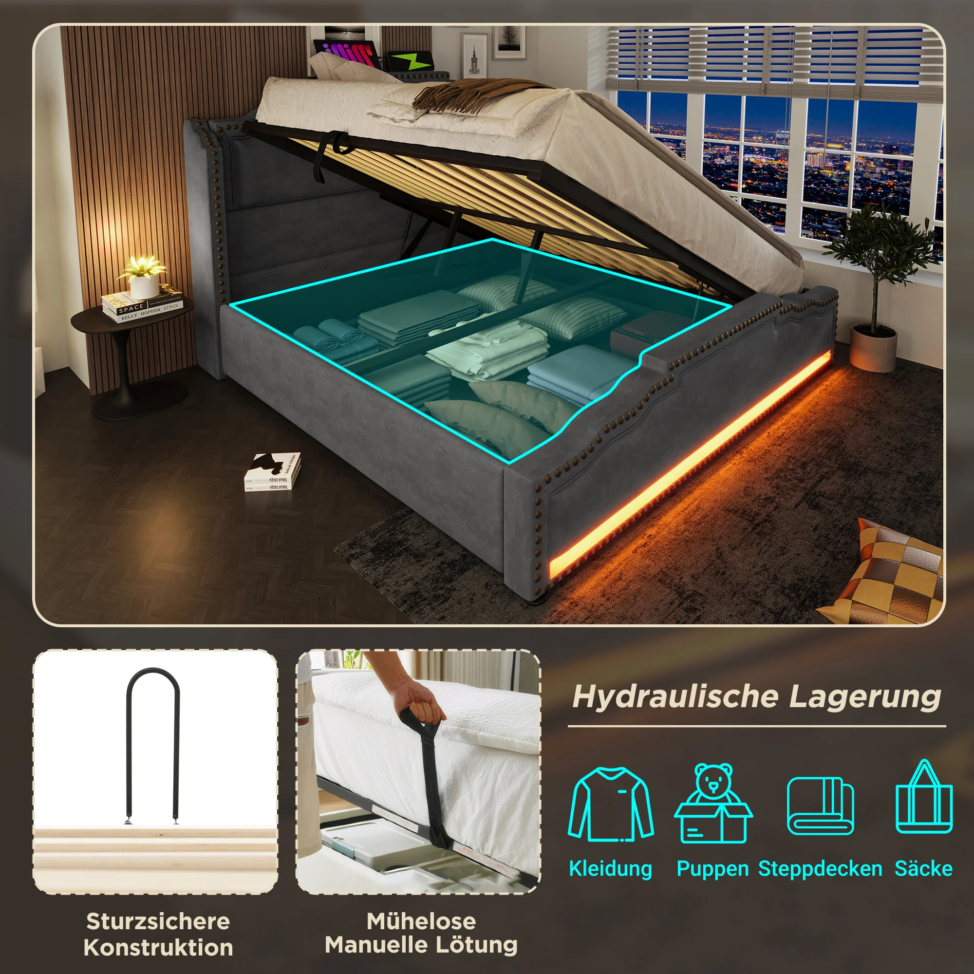 Upholstered Bed 140x200 Hydraulic Storage LED USB-C Slatted Base, Velvet Grey with Mattress - Image 6