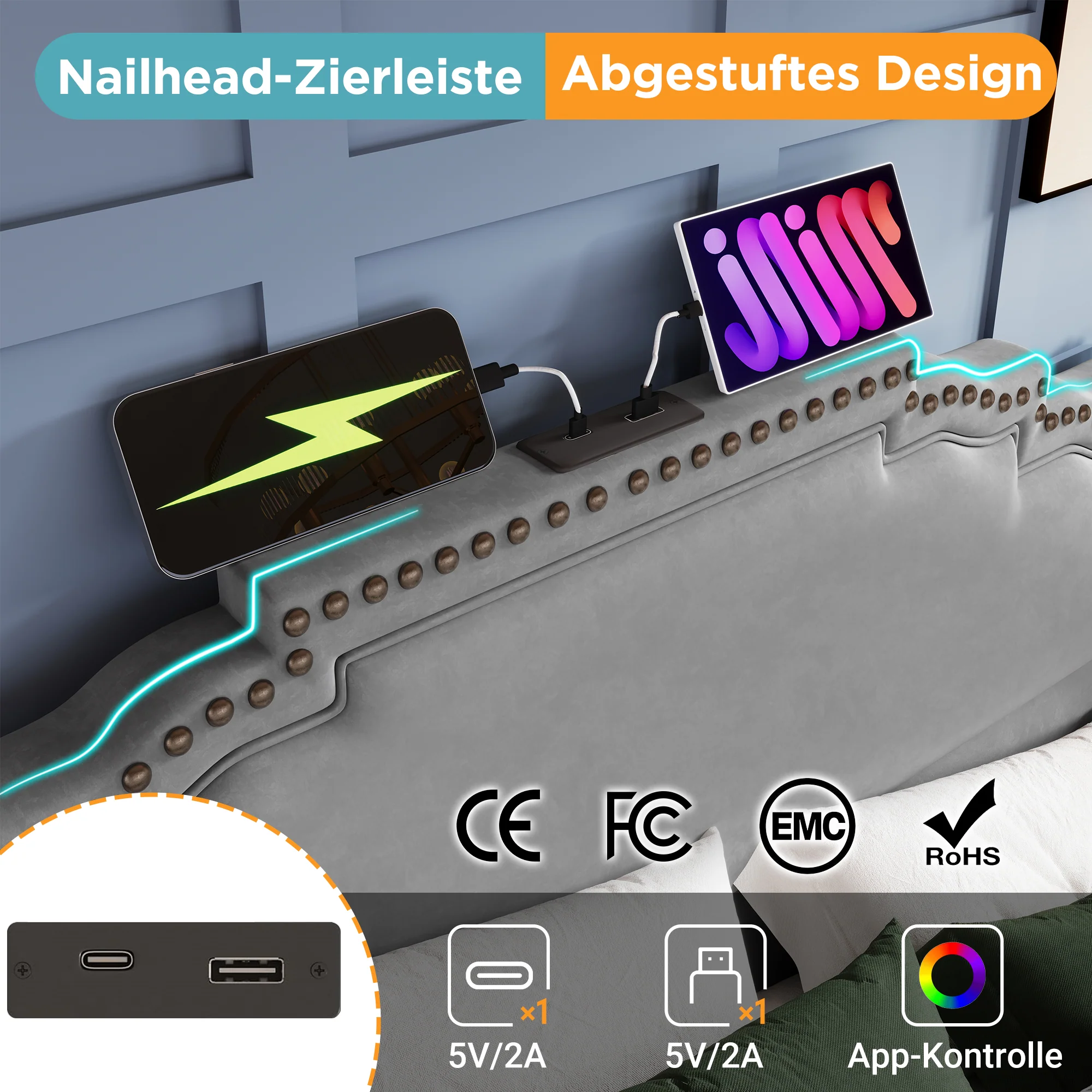 Upholstered Bed 140x200 Hydraulic Storage LED USB-C Slatted Base, Velvet Grey with Mattress - Image 8