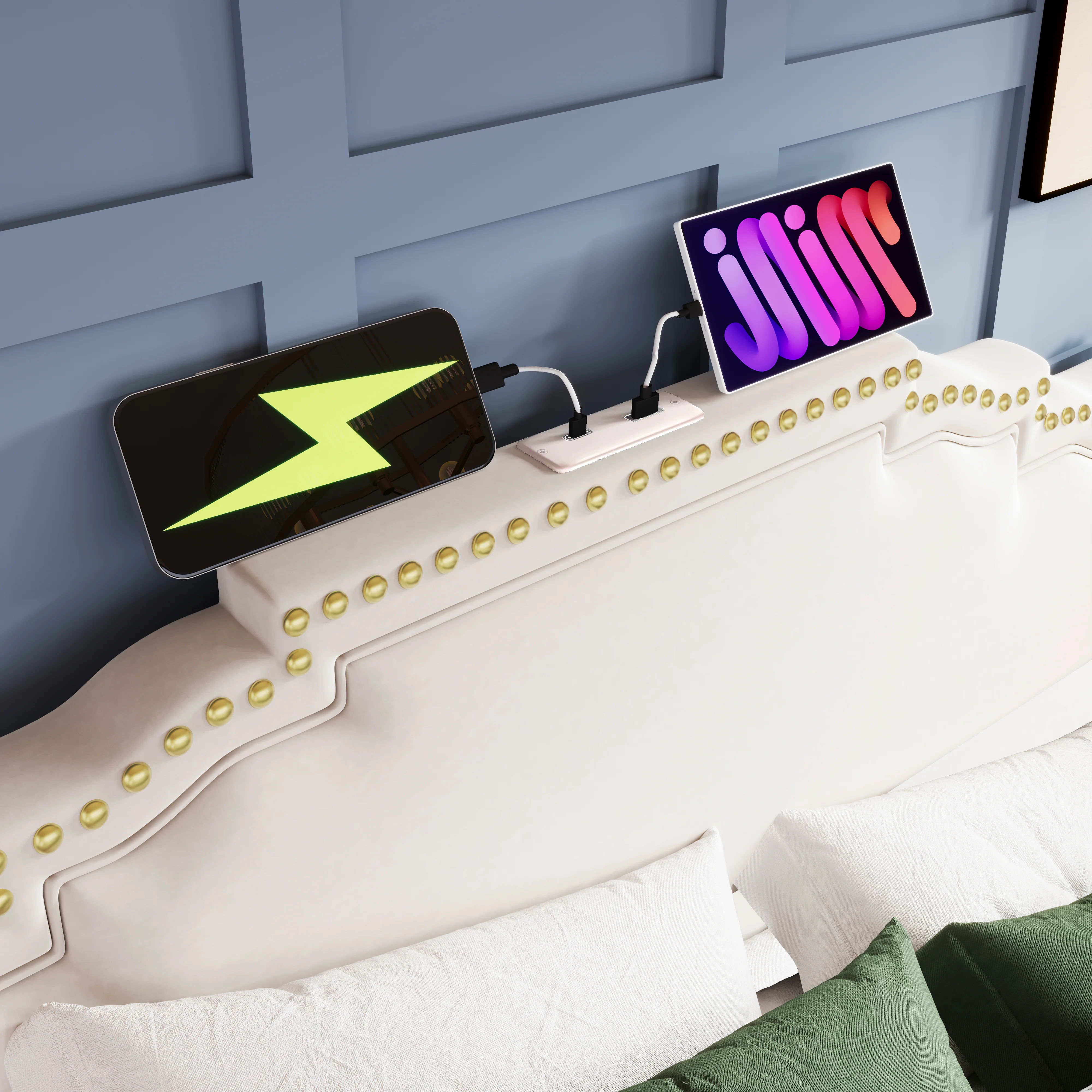 Upholstered Bed 140x200, Hydraulic Storage, LED, USB-C, Slatted Frame, Beige Velvet - Image 10