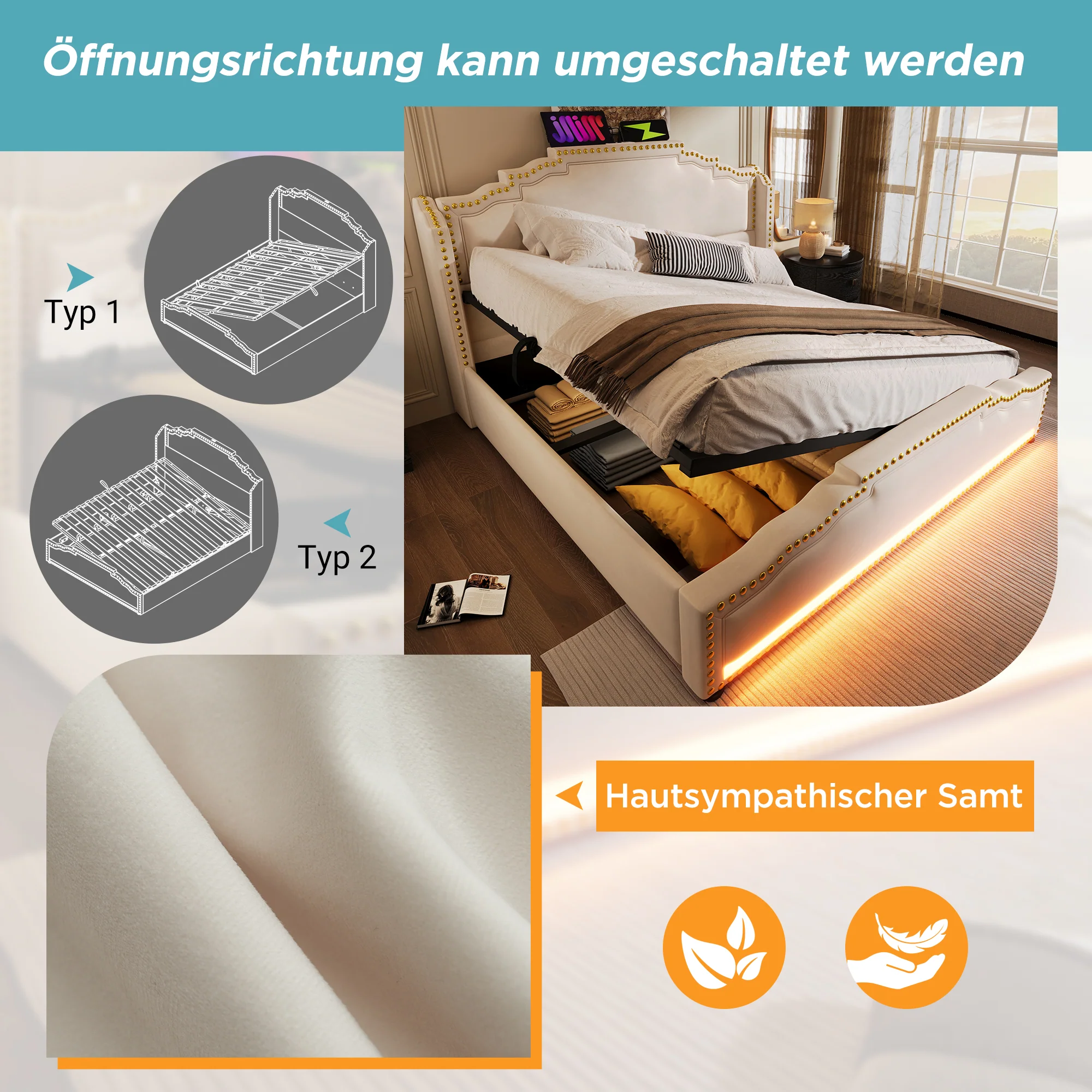 Upholstered Bed 140x200, Hydraulic Storage, LED, USB-C, Slatted Frame, Beige Velvet - Image 4
