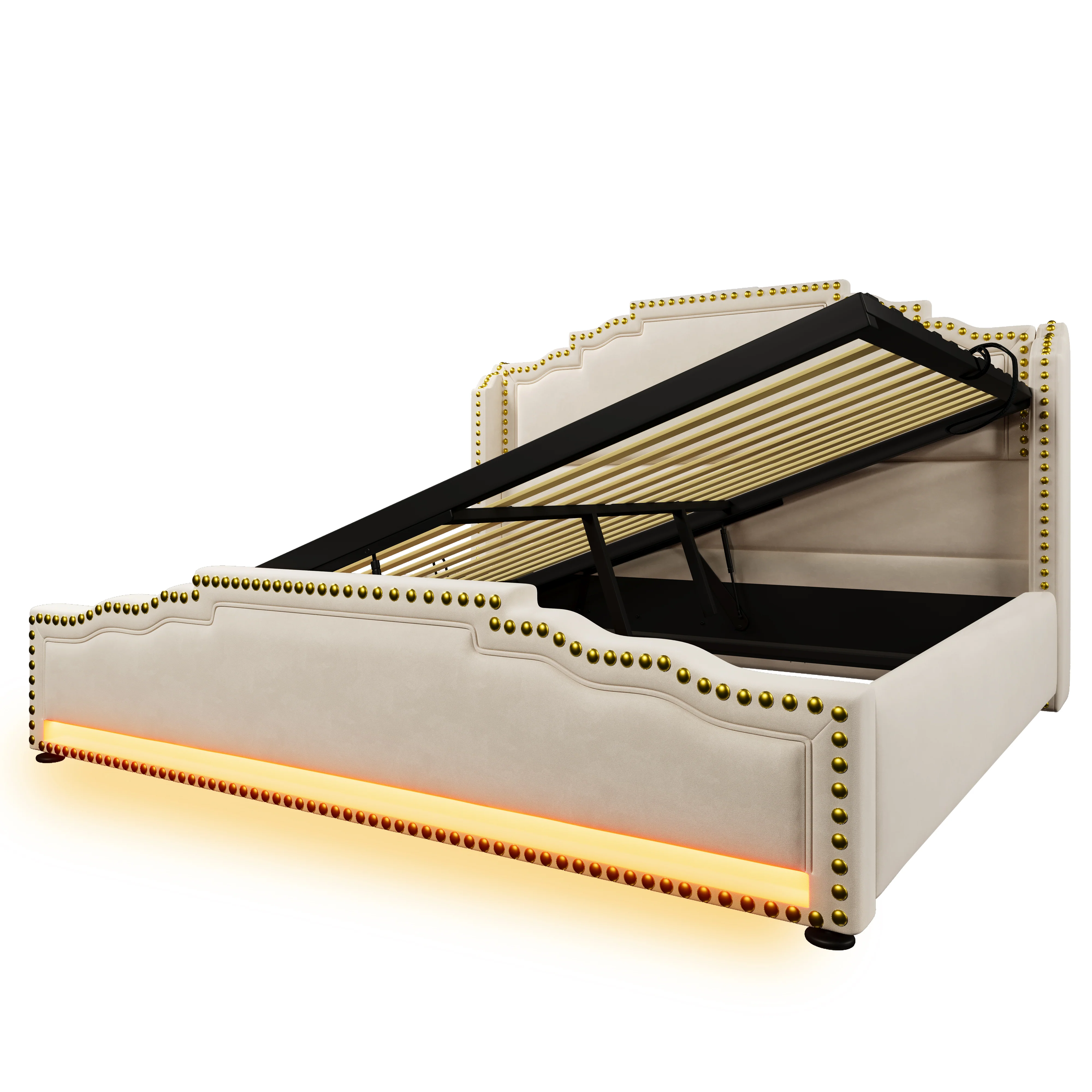 Upholstered Bed 140x200, Hydraulic Storage, LED, USB-C, Slatted Frame, Beige Velvet - Image 9