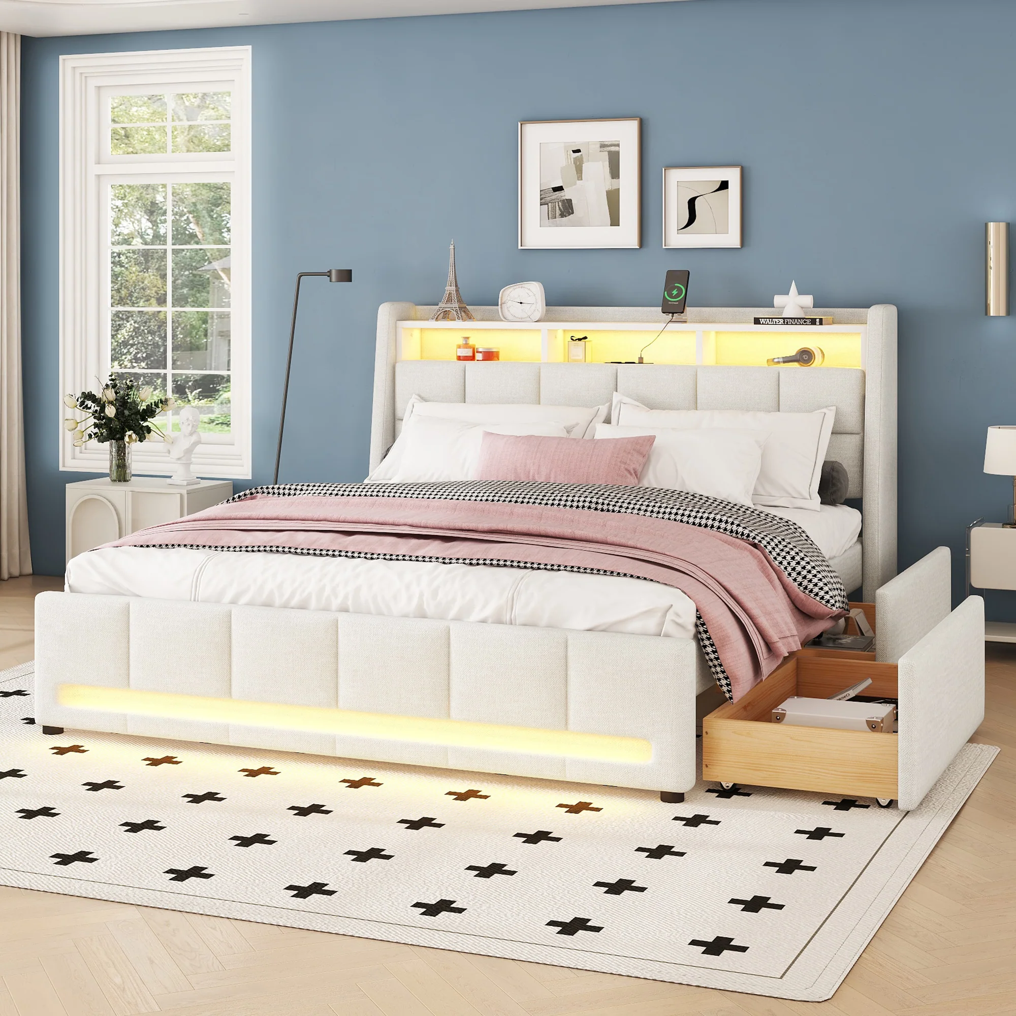 Upholstered Bed 140x200cm App Control LED Drawers USB/Sockets - Linen Beige - Image 3