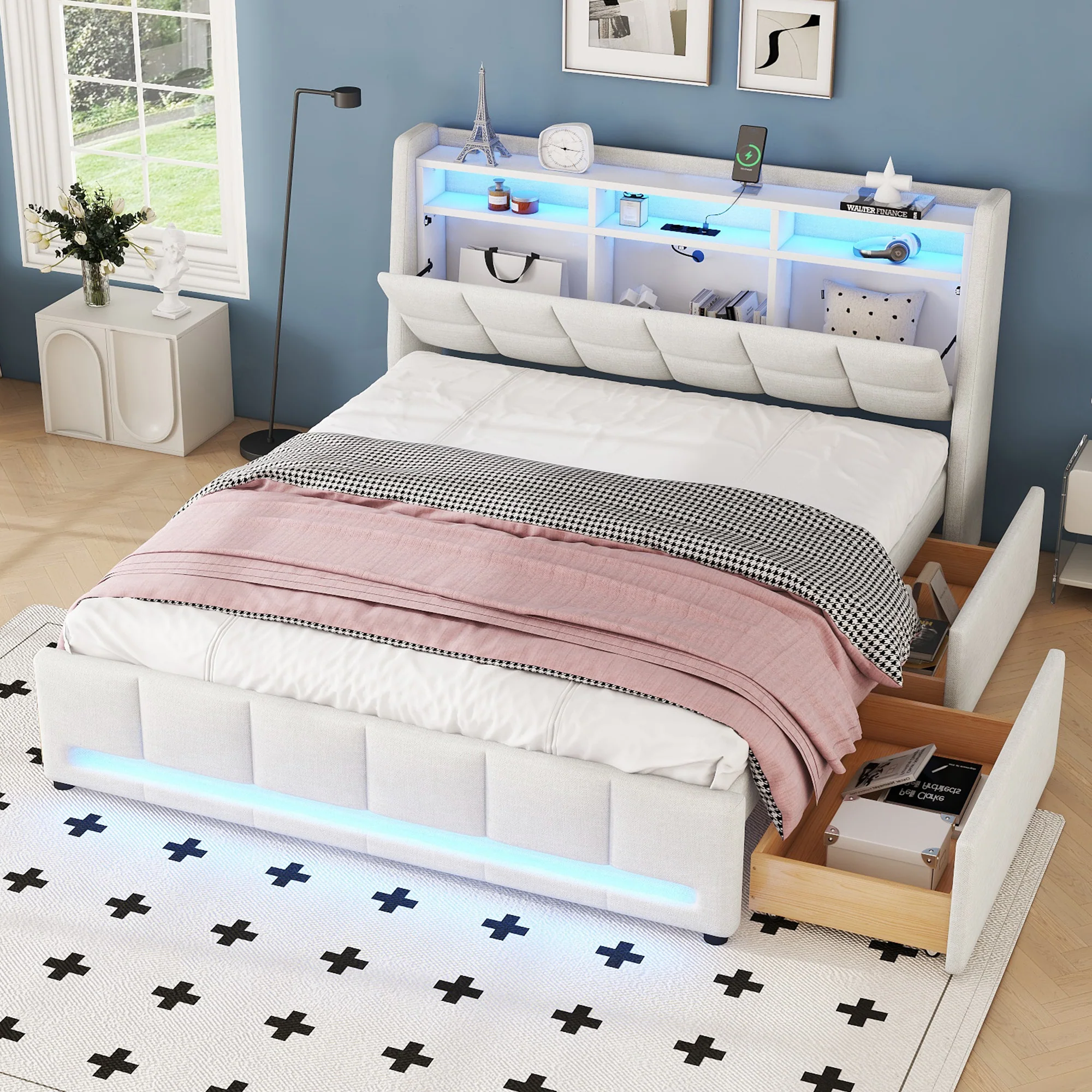 Upholstered Bed 140x200cm App Control LED Drawers USB/Sockets - Linen Beige - Image 4