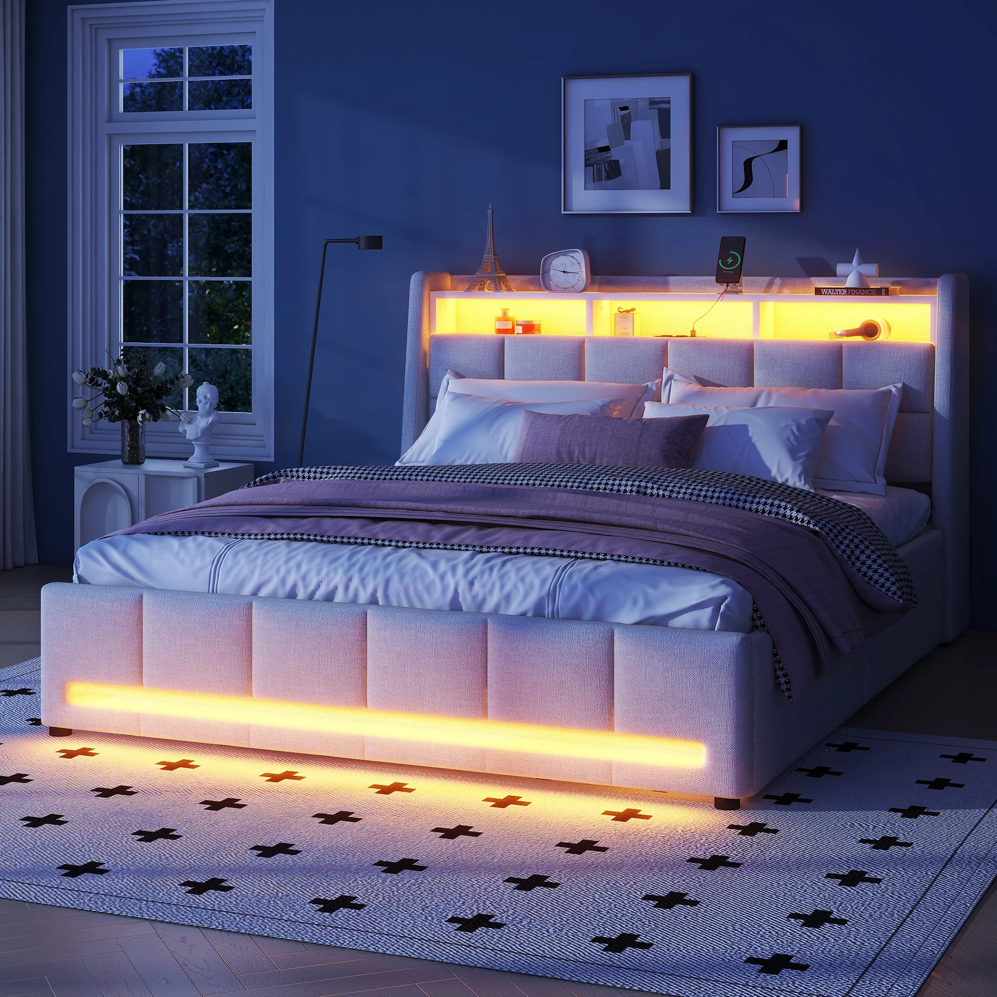 Upholstered Bed 140x200cm App Control LED Drawers USB/Sockets - Linen Beige - Image 5