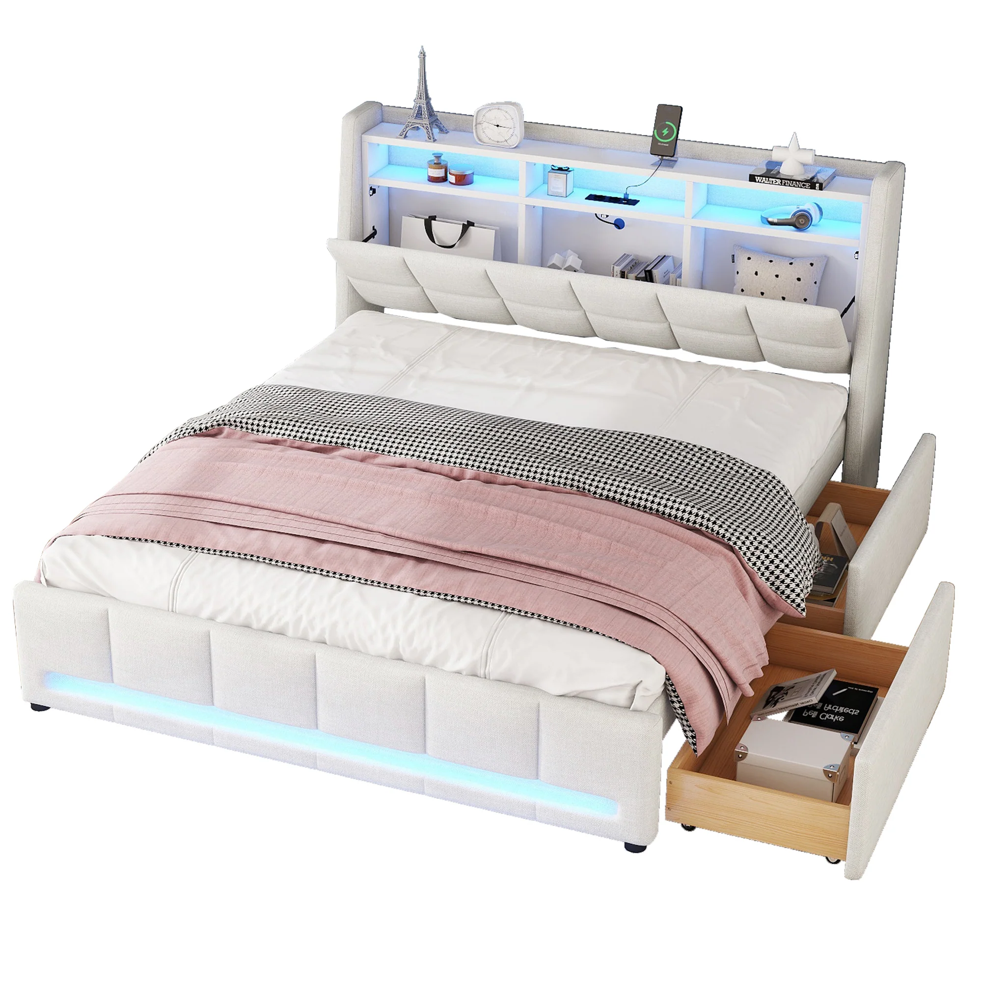Upholstered Bed 140x200cm App Control LED Drawers USB/Sockets - Linen Beige - Image 7