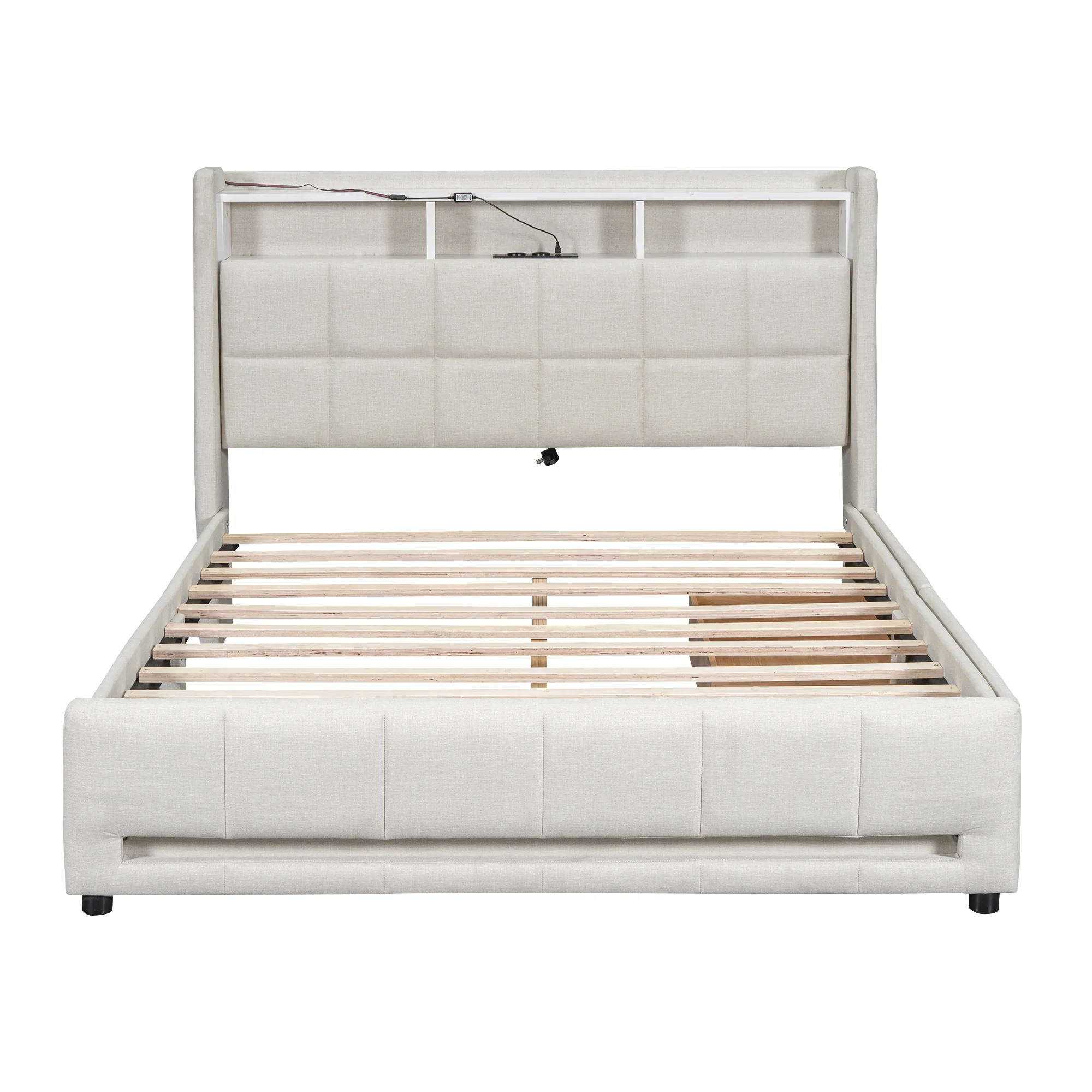 Upholstered Bed 140x200cm App Control LED Drawers USB/Sockets - Linen Beige - Image 9