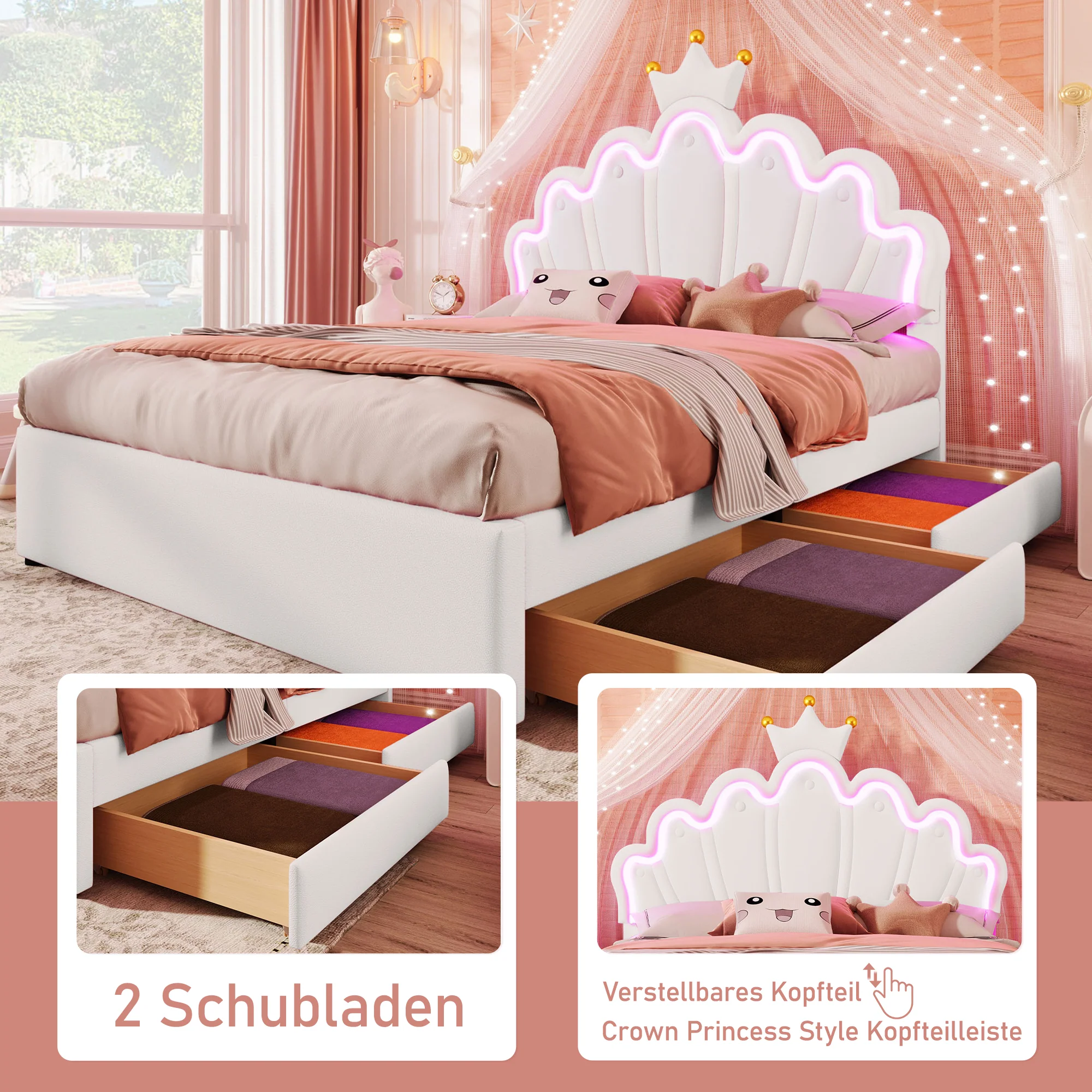 Upholstered Bed 140x200cm Crown Design Ambient Light 2 Drawers Adjustable Headboard - White PU - Image 2