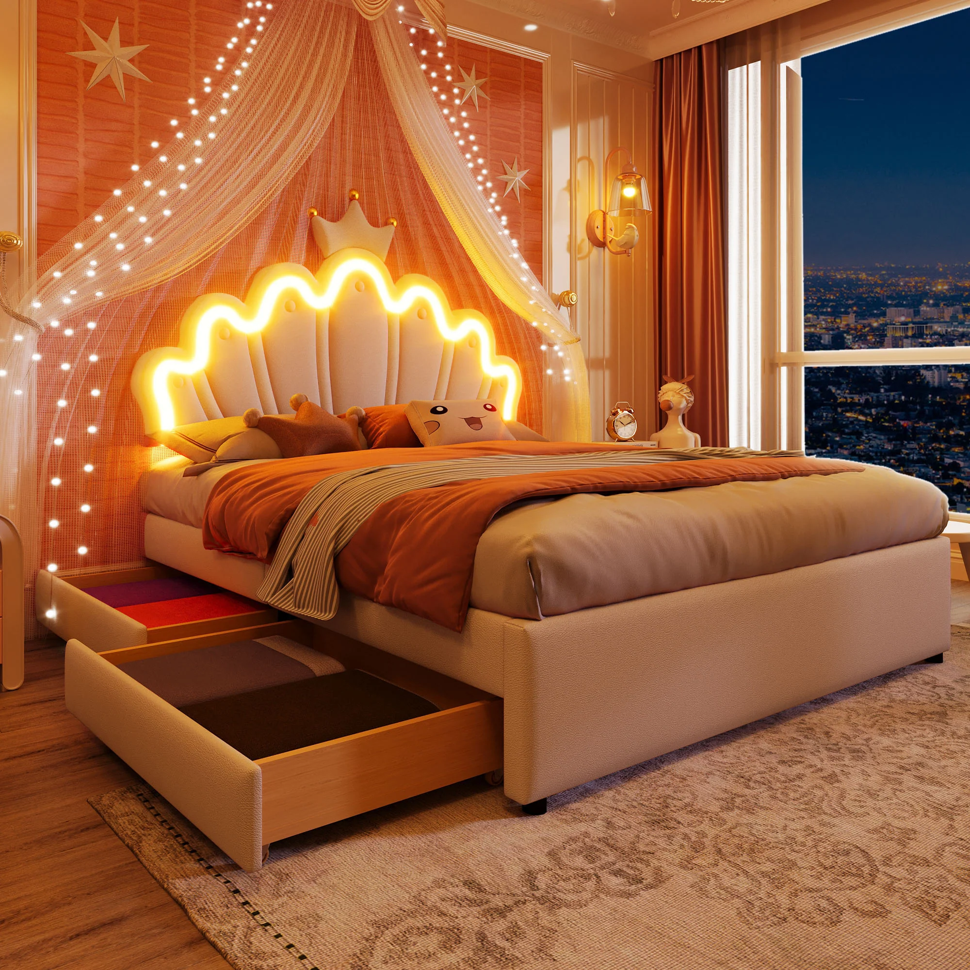 Upholstered Bed 140x200cm Crown Design Ambient Light 2 Drawers Adjustable Headboard - White PU - Image 5