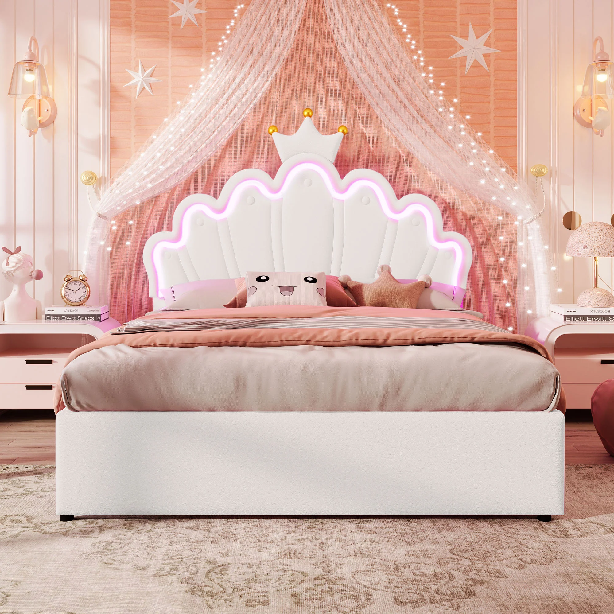 Upholstered Bed 140x200cm Crown Design Ambient Light 2 Drawers Adjustable Headboard - White PU - Image 6