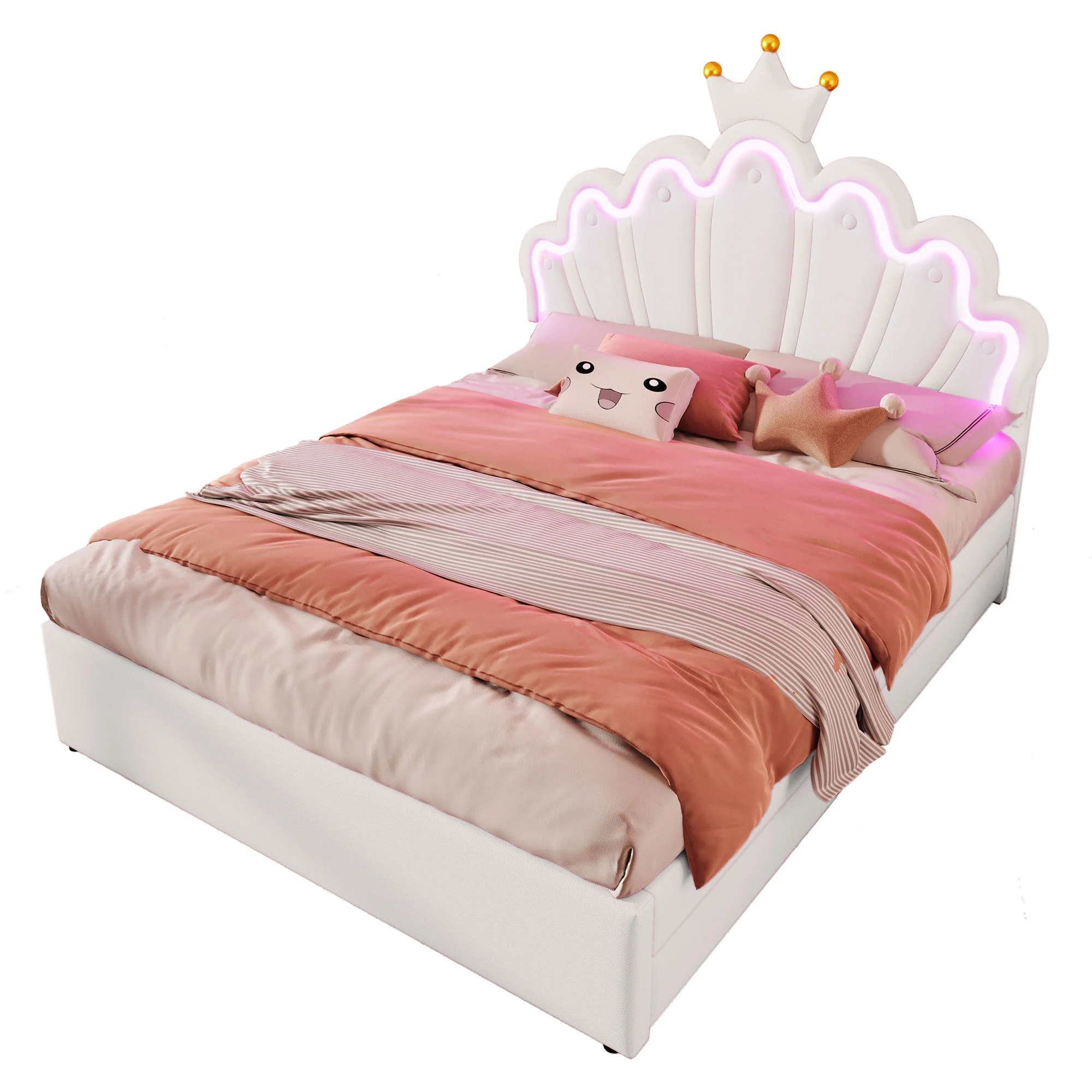Upholstered Bed 140x200cm Crown Design Ambient Light 2 Drawers Adjustable Headboard - White PU - Image 7