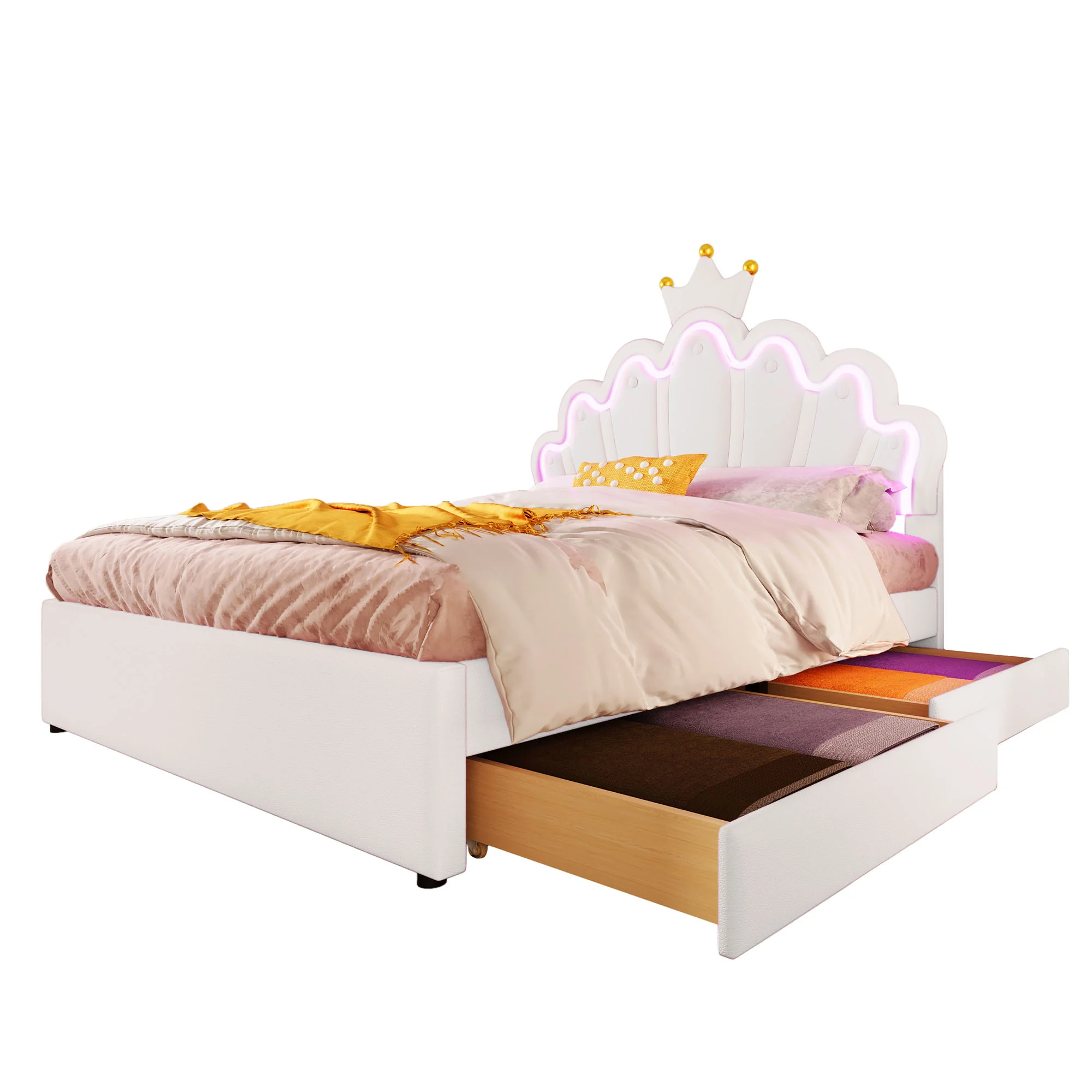 Upholstered Bed 140x200cm Crown Design Ambient Light 2 Drawers Adjustable Headboard - White PU - Image 8