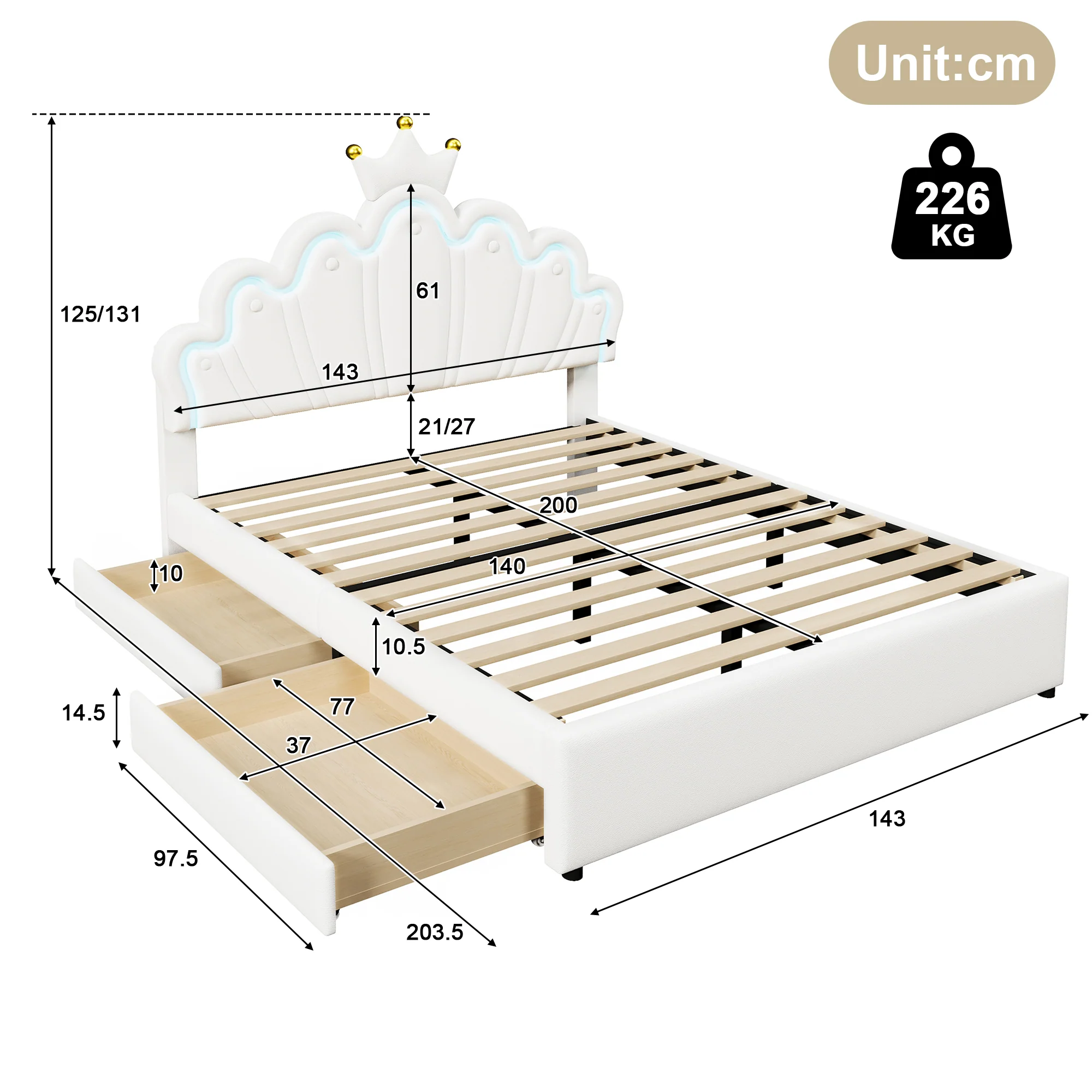 Upholstered Bed 140x200cm Crown Design Ambient Light 2 Drawers Adjustable Headboard - White PU - Image 9