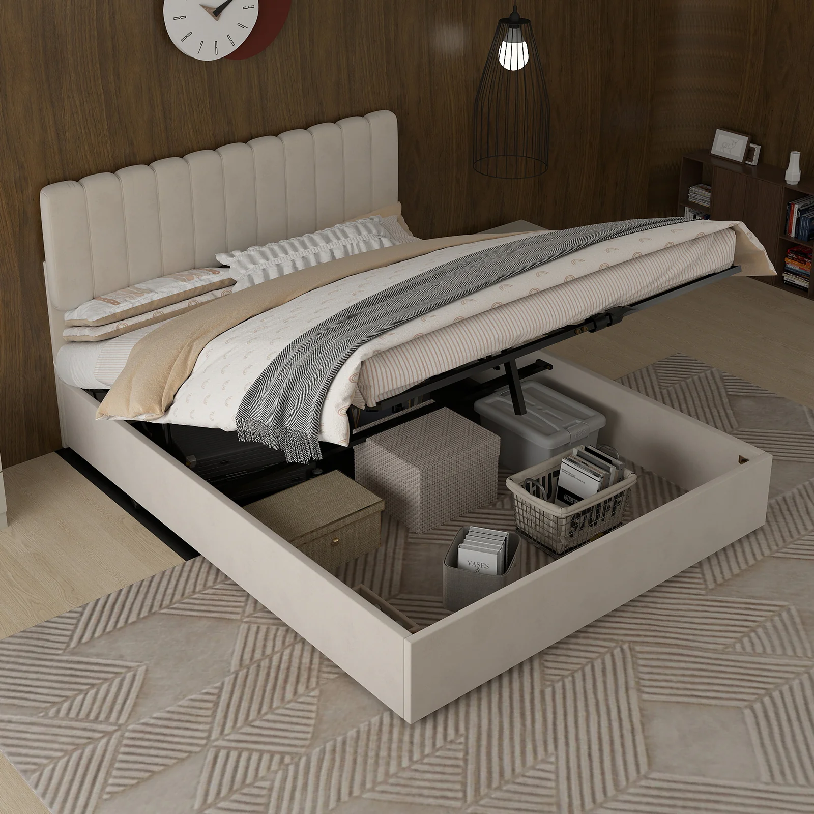 Upholstered Bed 140x200cm Gas Lift Storage Soft Headboard - Beige - Image 10