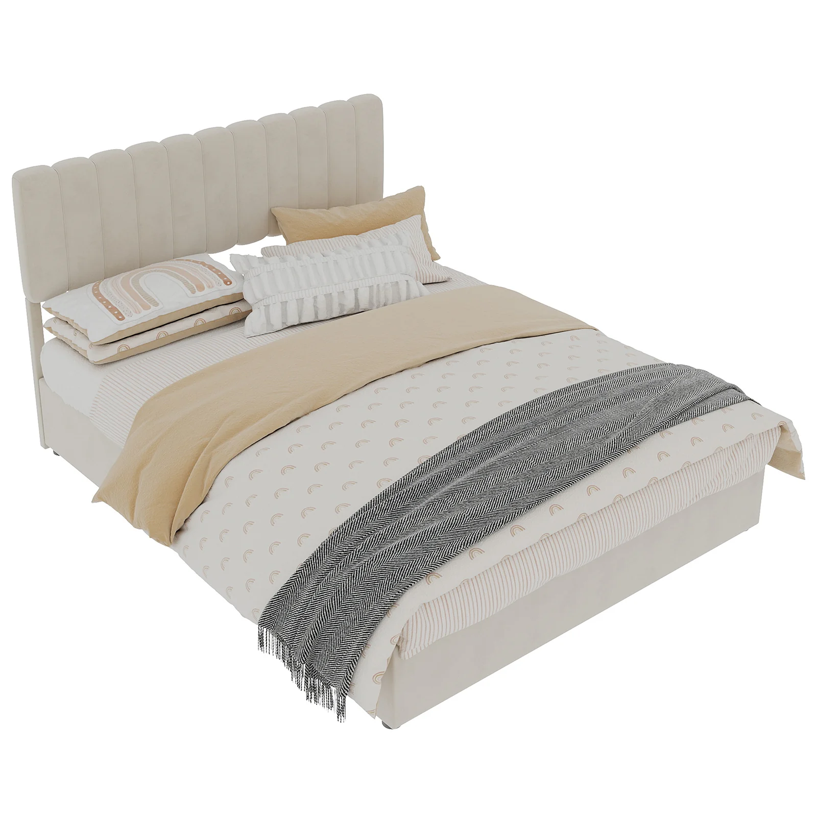 Upholstered Bed 140x200cm Gas Lift Storage Soft Headboard - Beige - Image 2