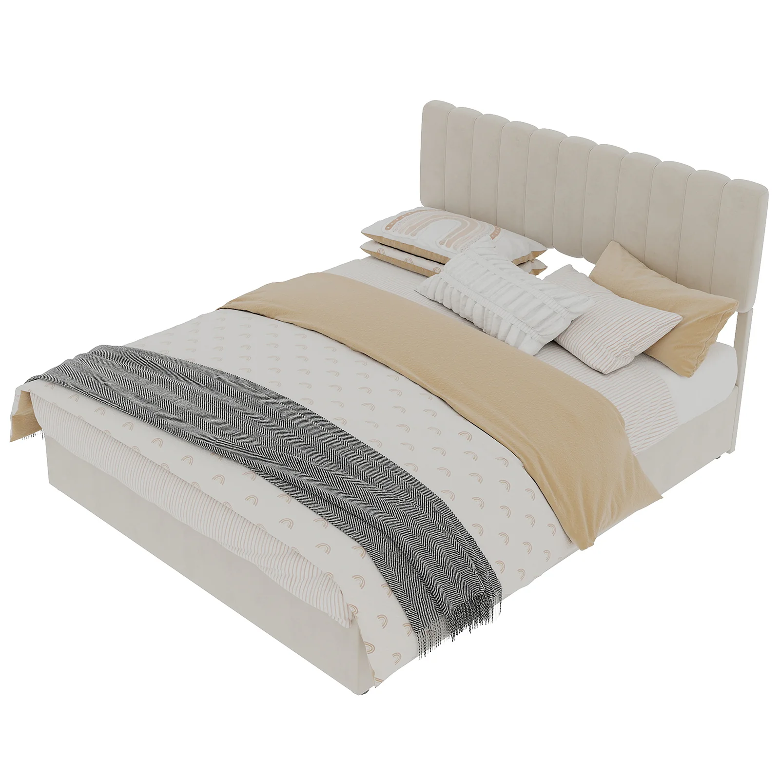 Upholstered Bed 140x200cm Gas Lift Storage Soft Headboard - Beige - Image 3