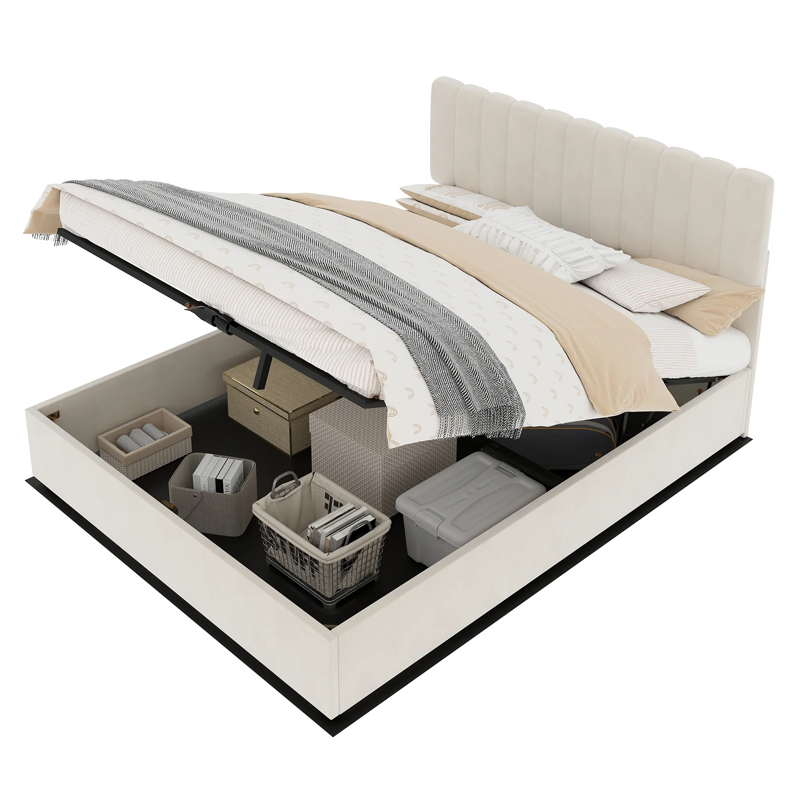 Upholstered Bed 140x200cm Gas Lift Storage Soft Headboard - Beige - Image 4