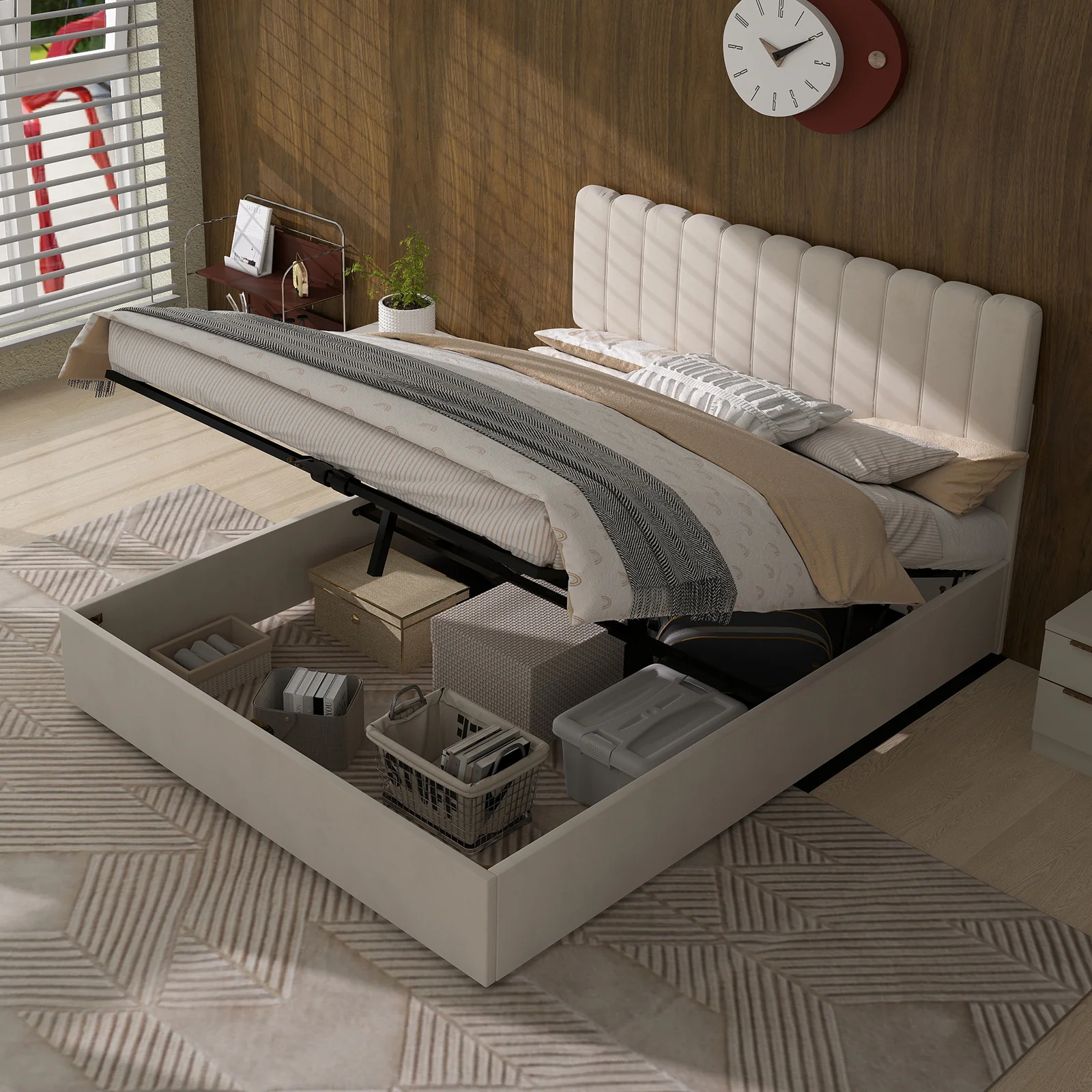 Upholstered Bed 140x200cm Gas Lift Storage Soft Headboard - Beige - Image 5