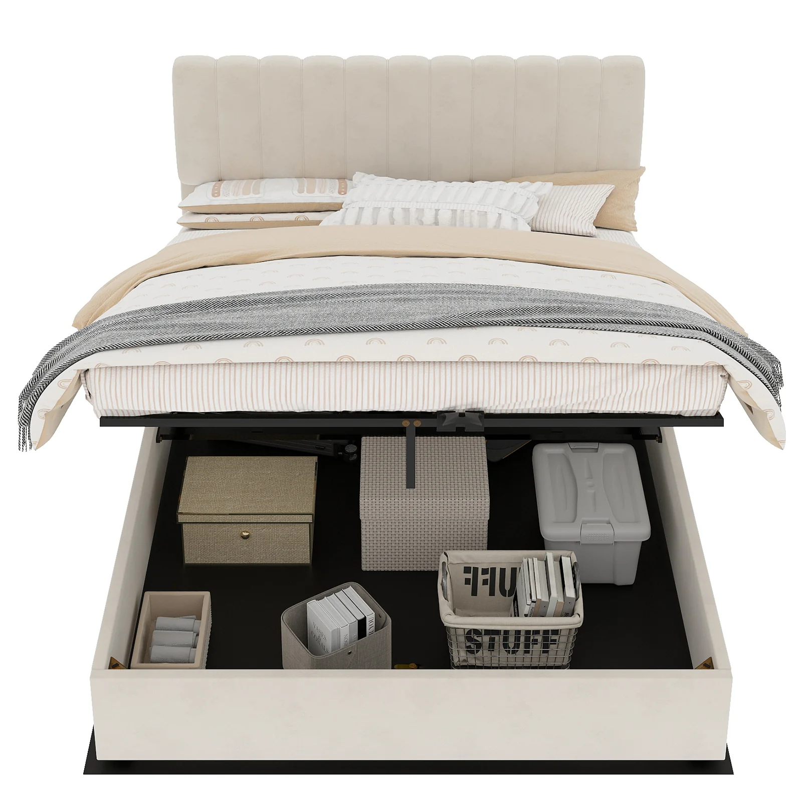 Upholstered Bed 140x200cm Gas Lift Storage Soft Headboard - Beige - Image 6
